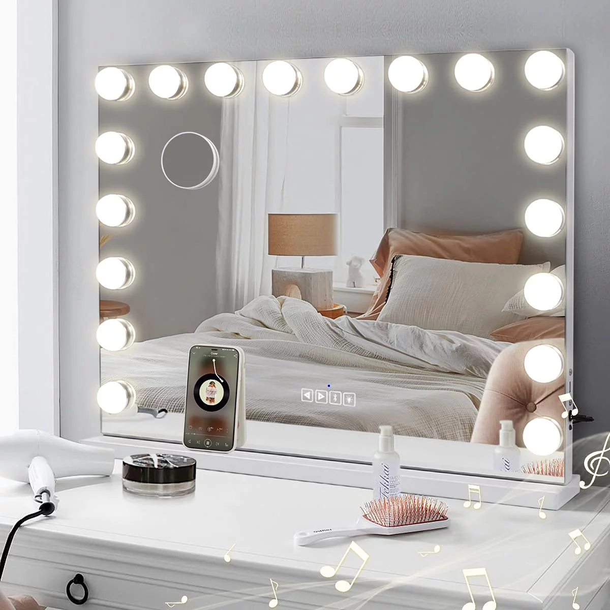VANITII Large Hollywood Vanity Mirror with Lights Bluetooth Tabletop Wall Mount Metal White 32