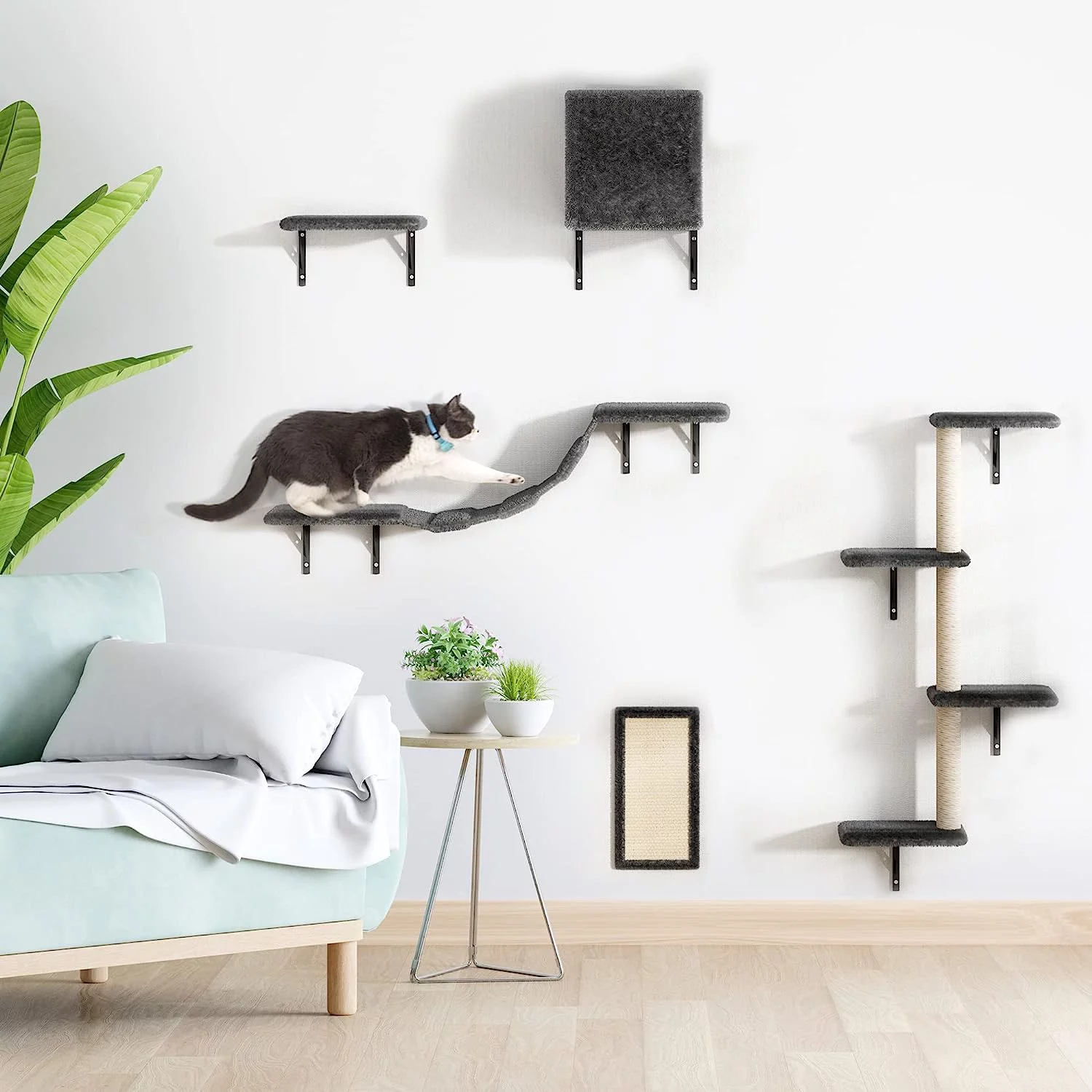 Vivifying  Cat Shelves Perches 5 Pcs Wall-Mounted Cat Climber Set, Wood Indoor Cat Furniture with Cat Shelves and Perches, Ladder, Cat Condo House, Scratching Board and Cat Tree (Gray)