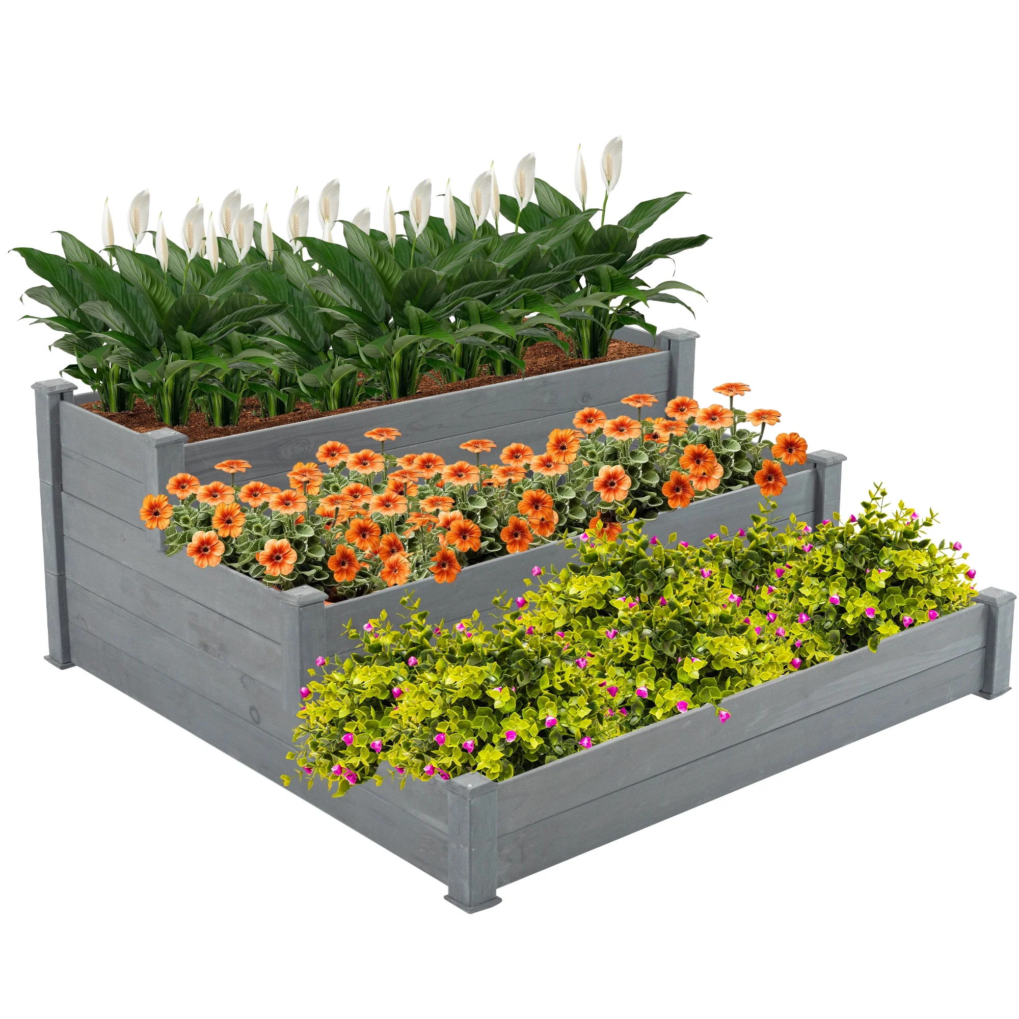BAYUELSWU 3-Tier Raised Garden Bed Outdoor Fir Wood Elevated Flower Box Tiered Garden Bed Vegetables Growing Planter for Backyard/Patio/Gardener, 48.6 x 48.6 x 21in, Grey