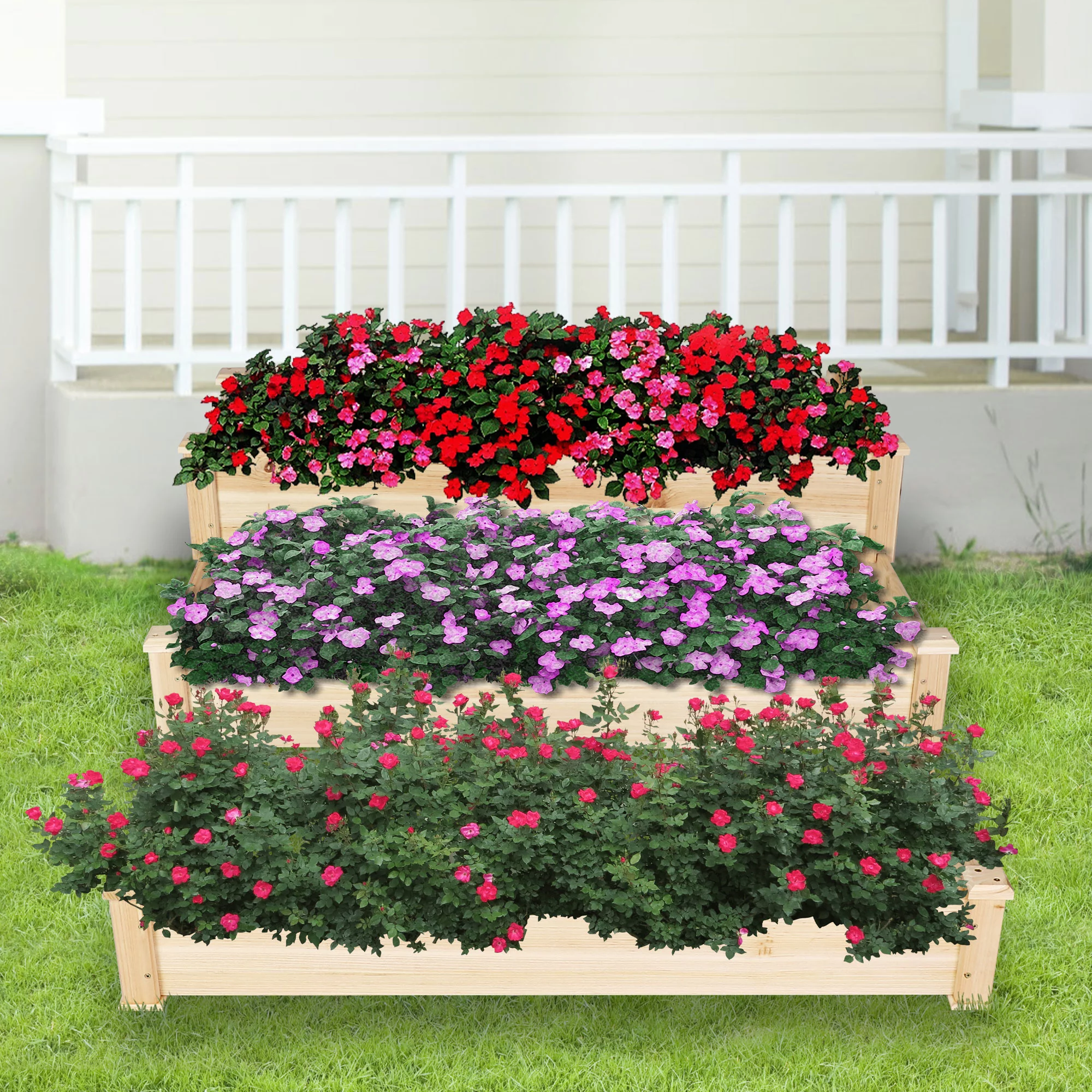 KARMAS PRODUCT 3 Tier Raised Garden Bed Kit Wooden Planter Box Heavy Duty Solid Fir Wood for Planting Flower Vegetable Fruit in Patio Backyard Balcony Outside 47x47x21,Cama de jardn elevada