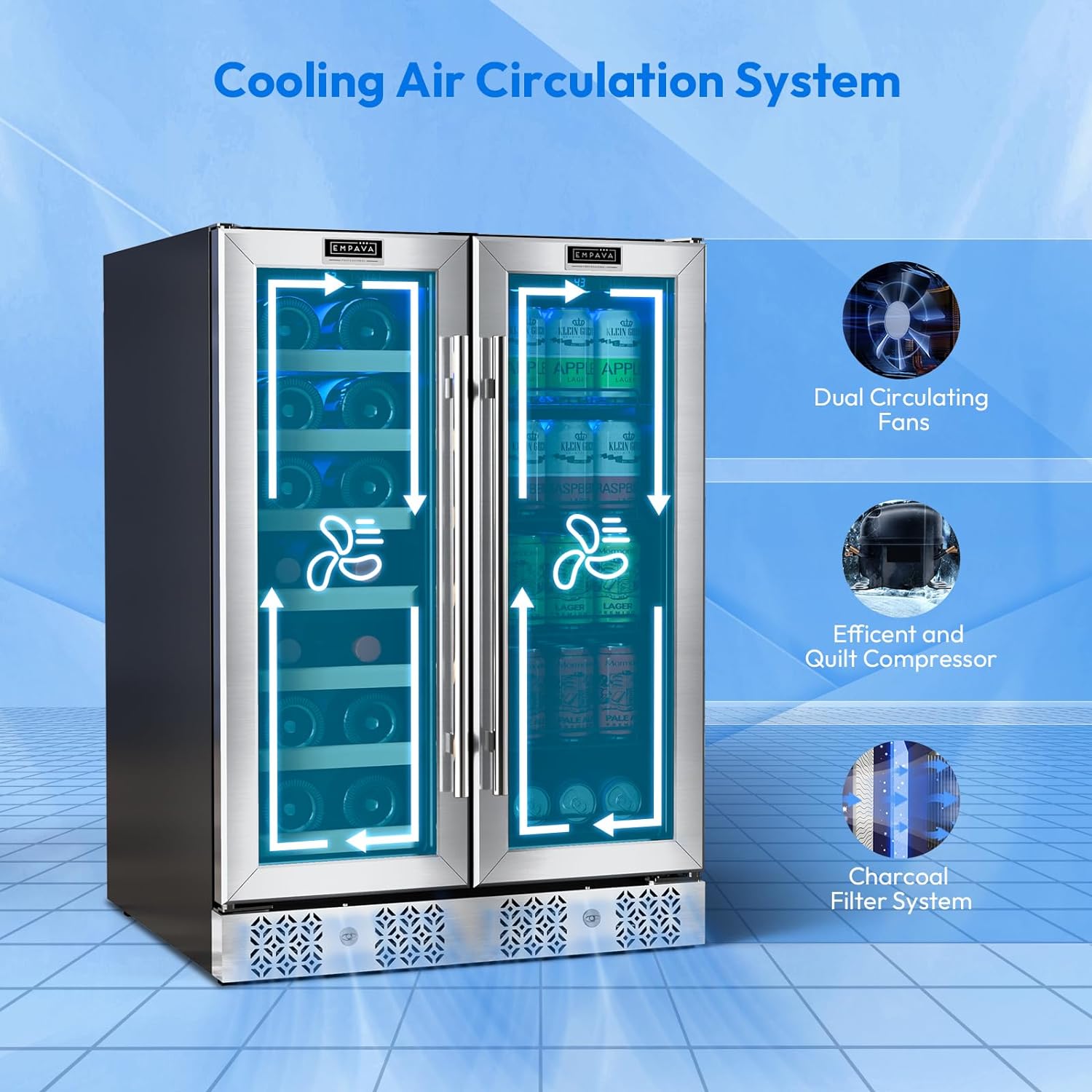 Empava Wine and Beverage Refrigerator Cooler Dual Zone 24 inch, Built-in Counter or Freestanding Fridge with Glass Door and LED Light, 96 Cans and 33 Bottles Capacity, Silver