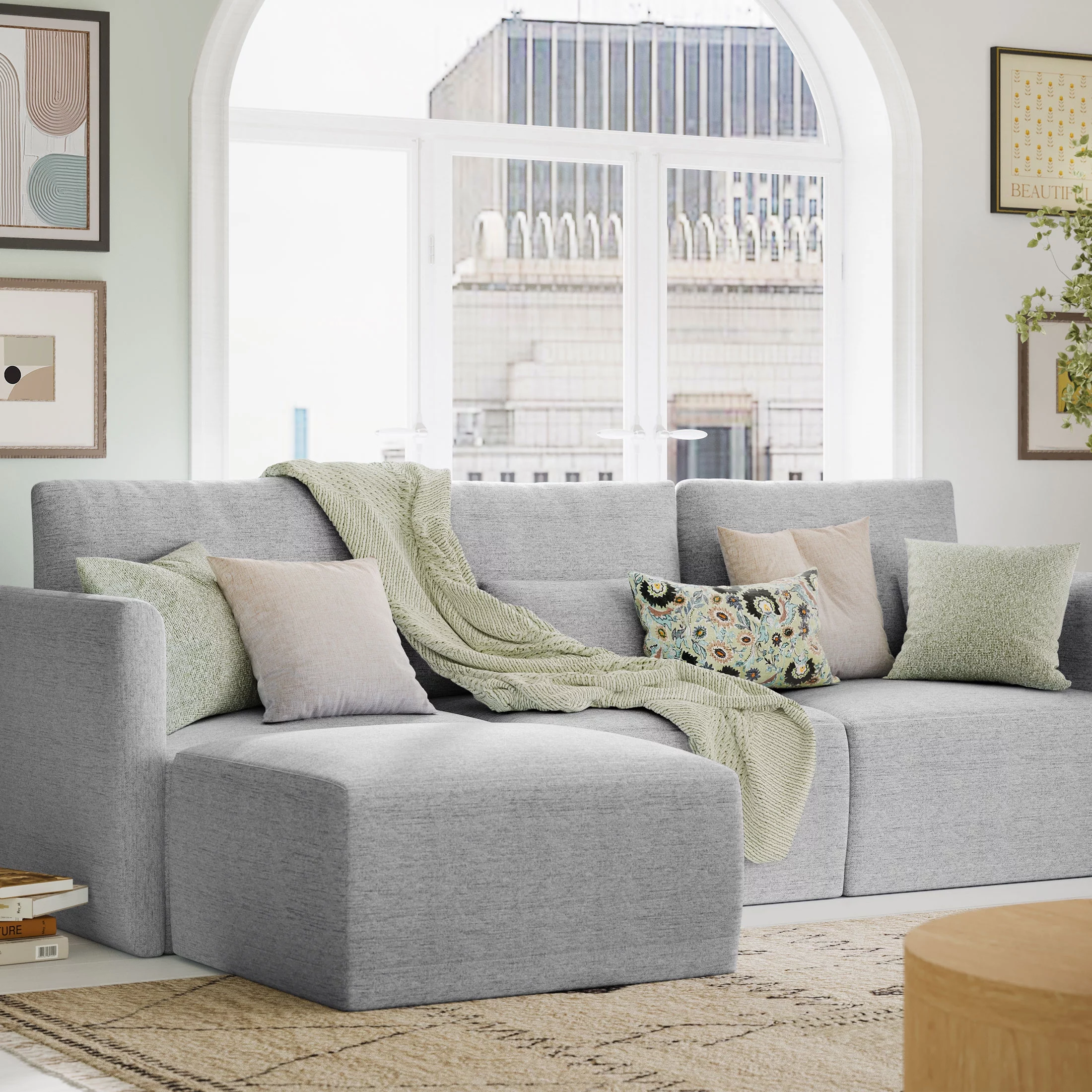 Beautiful Drew Modular Sectional Sofa with Ottoman by Drew Barrymore, Gray Fabric
