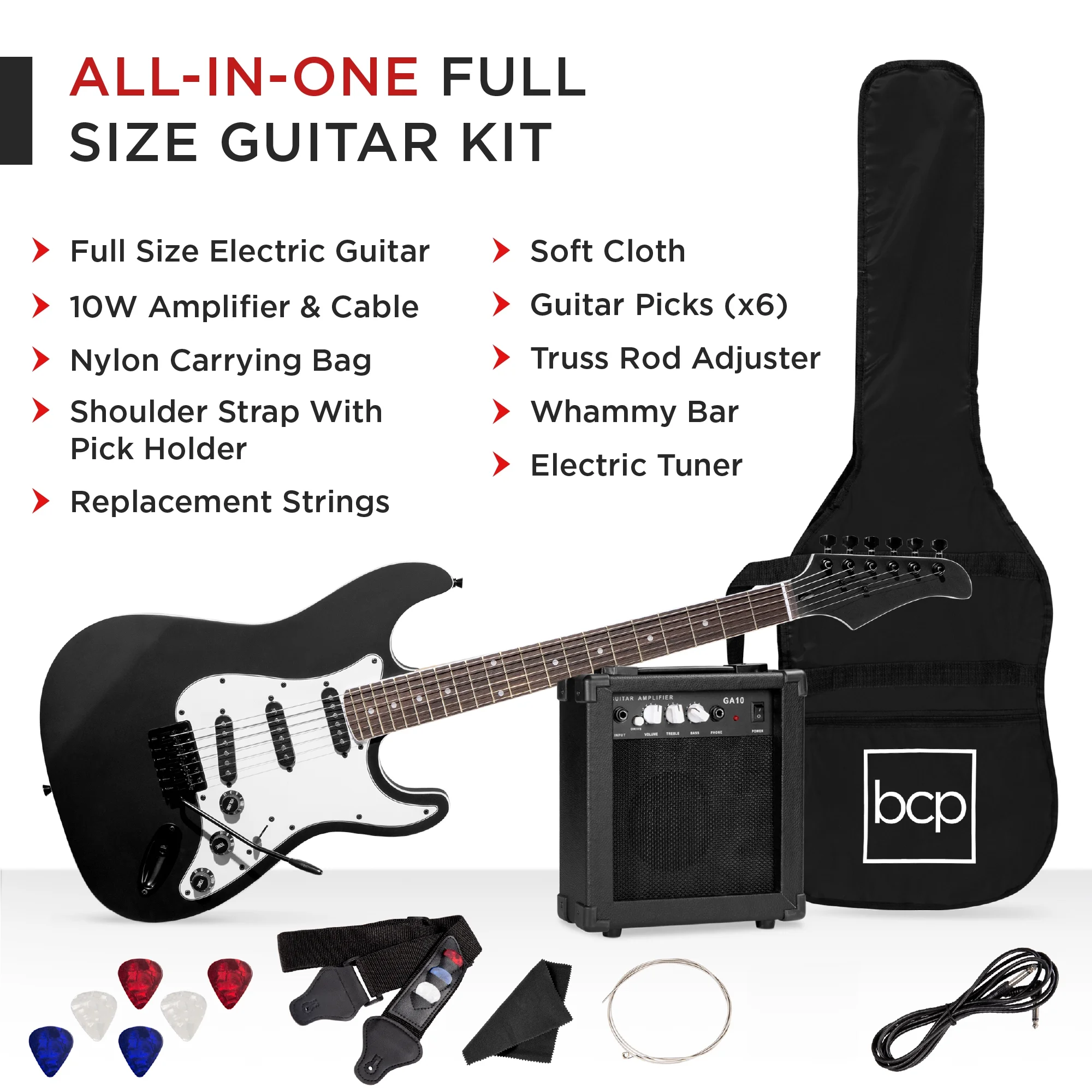 Best Choice Products 39in Full Size Beginner Electric Guitar Kit with Case, Strap, Amp, Whammy Bar - Jet Black