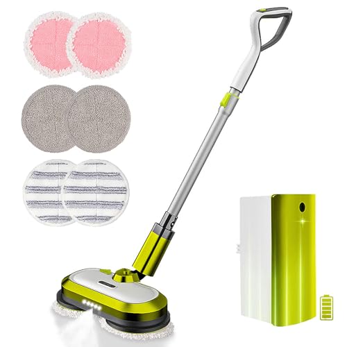Cordless Electric Mop, Electric Spin Mop with LED Headlight and Water Spray, Up to 60 mins Powerful Floor Cleaner with 300ml Water Tank & Detachable Battery, Super Quiet Cleaning & Waxing