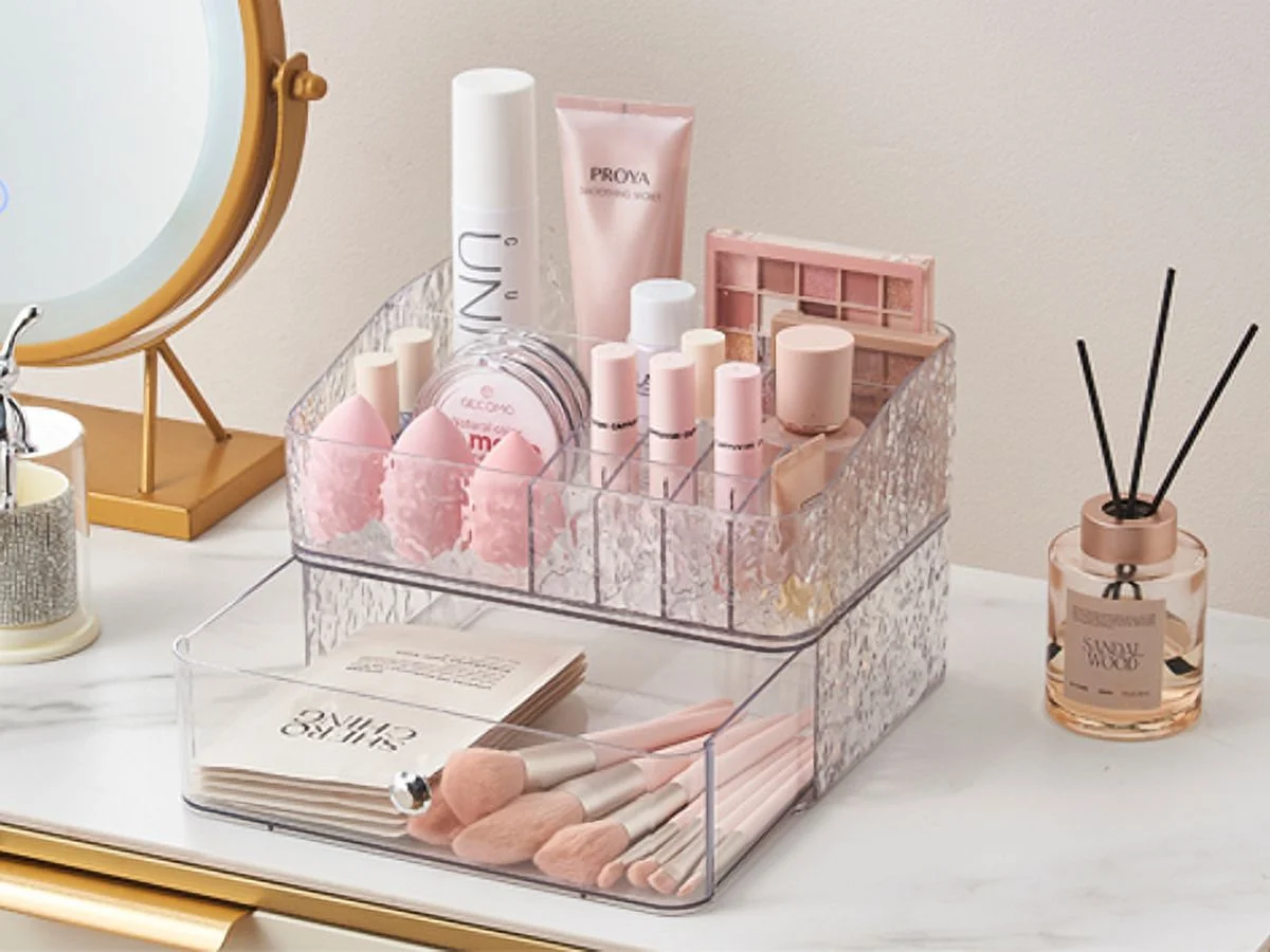 SUNFICON Makeup Storage Organizer Drawers Skin Care Large Cosmetic Display Cases Stackable Storage Box With 1 Drawers For Dresser,Set of 2 space,Crystal Clear Acrylic