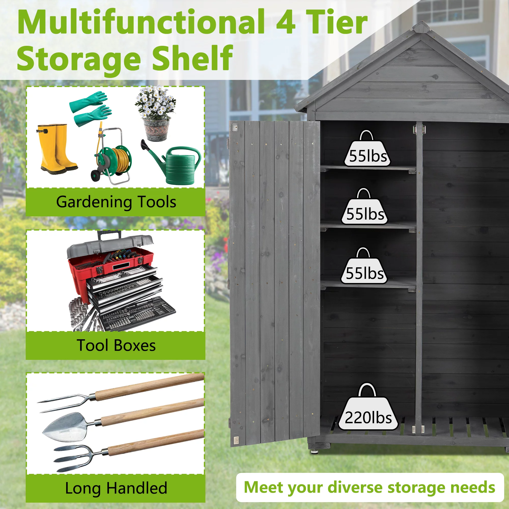 Outdoor Storage Cabinet, Garden Wood Tool Shed, Outside Wooden Shed Closet with Shelves and Latch for Yard 39.56