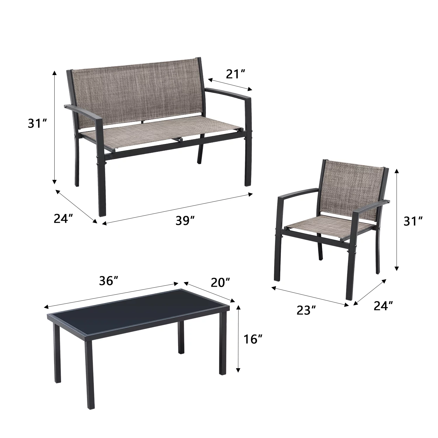 Devoko 4 Pieces Patio Furniture Outdoor furniture Outdoor Patio Furniture Set Textilene Bistro Set Modern Conversation Set Black Bistro Set with Loveseat Tea Table, Brown