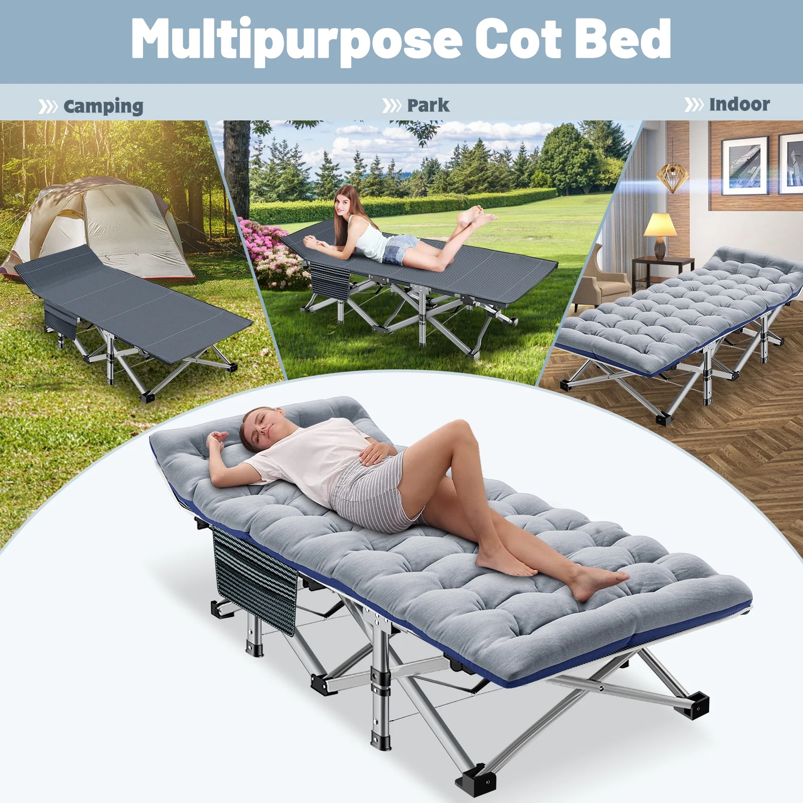 MOPHOTO 75'' Portable Folding Bed for Adults, Camping Cot with Pearl Mattress & Carrying Bag, Heavy Duty Outdoor Sleeping Cot Bed