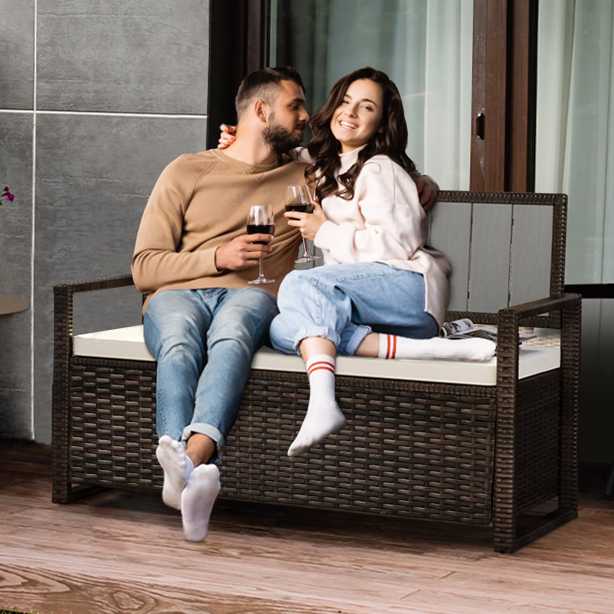 Dextrus 70 Gallon Outdoor Storage Bench Loveseat, Wicker Storage Seat for Patio Furniture, Outdoor Cushions, Pool Storage - Brown