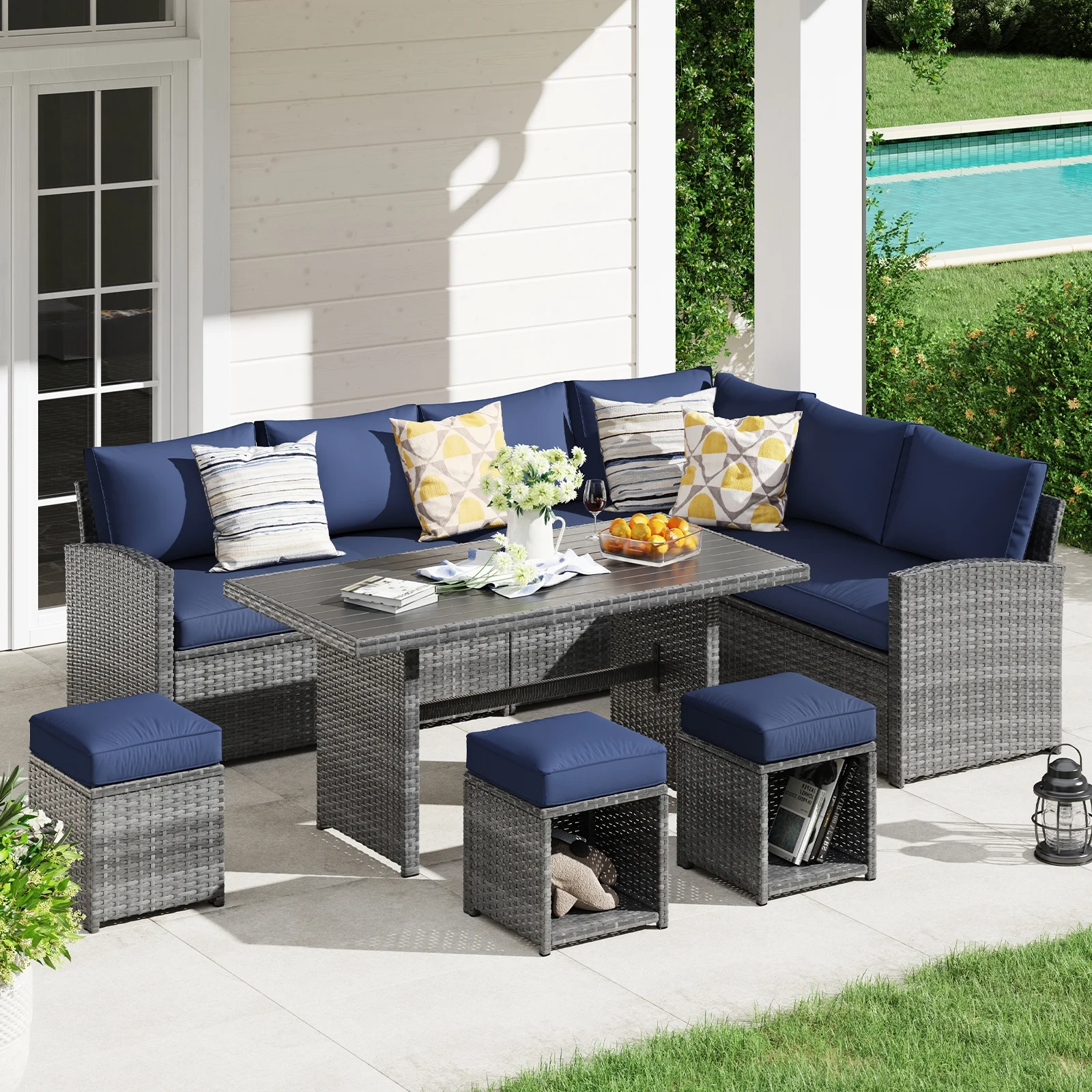 JOIVI 7 Piece Patio Furniture Set, Outdoor Dining Sectional Sofa Set with Aluminum Top Dining Table, Rattan Dining Conversation Furniture Set with Ottomans for Deck, Backyard, Navy Blue