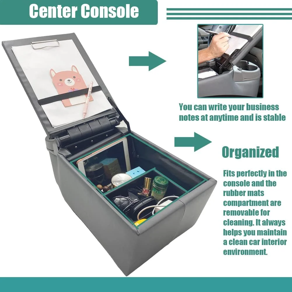 Universal Truck Seat/Bench Contractor Center Console Business Organizer and Storage with Adjustable Cup Holders, Clip Board, and Padded Top Lid for Armrest, Grey