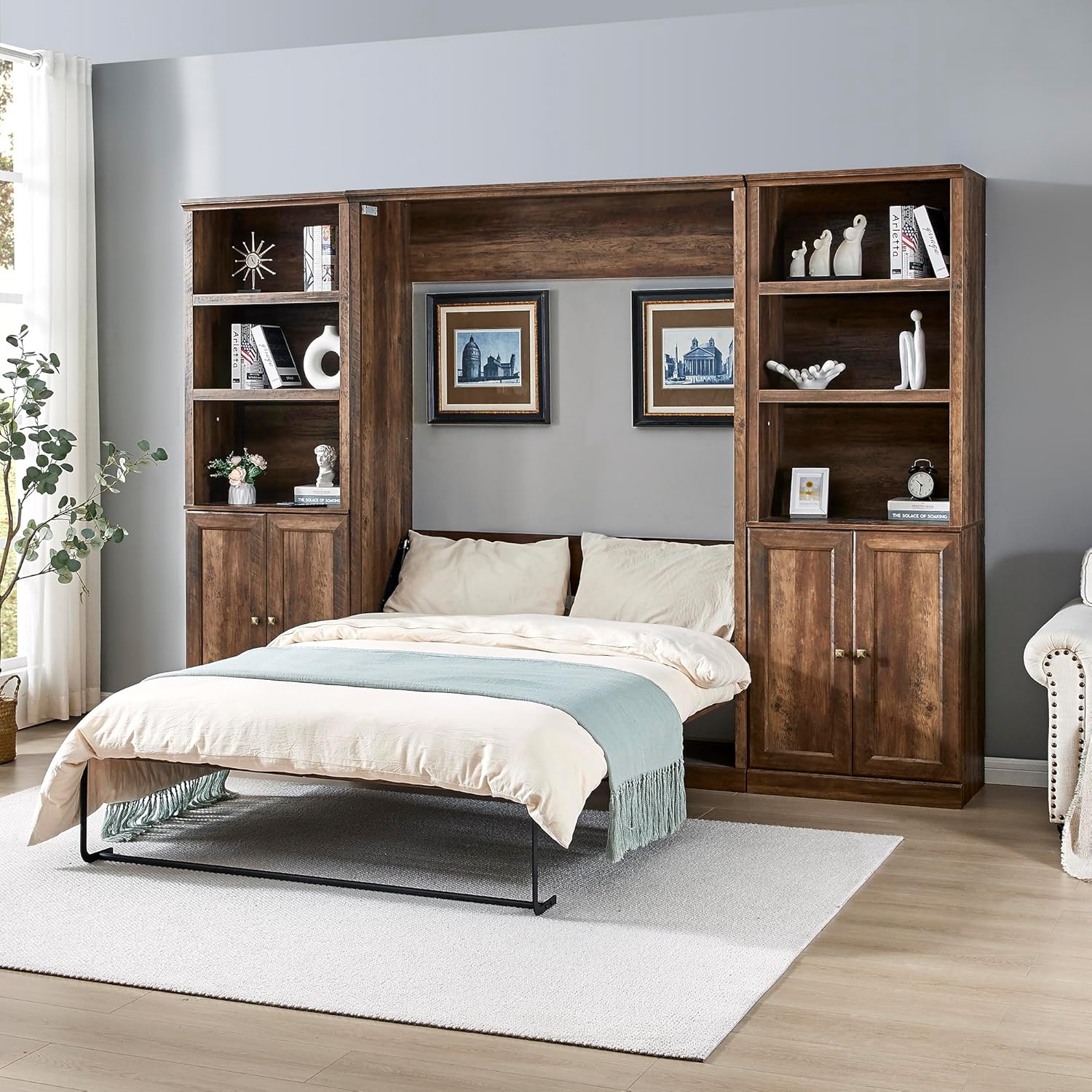 Full Size Murphy Bed with 2 Side Cabinet Storage Shelf, Wood Foldable Bedframe Wallbed for Bedroom Living Room, Space-Saving Design, Brown