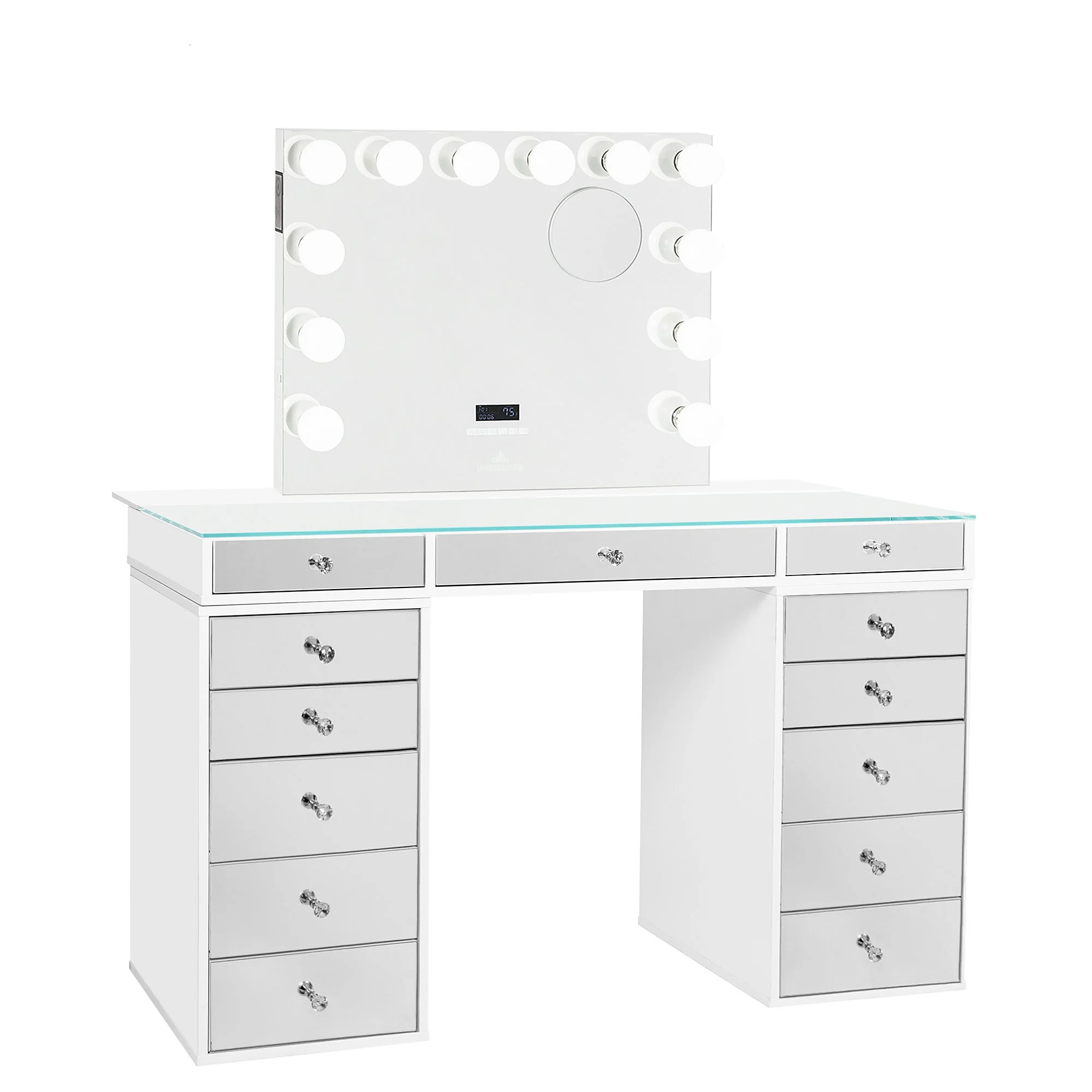 Impressions Vanity Slaystation Plus 2.0 Desk with Drawers for Makeup Station, Tabletop Vanity Mirror Desks with Crystal Lux Knobs (Bright White)