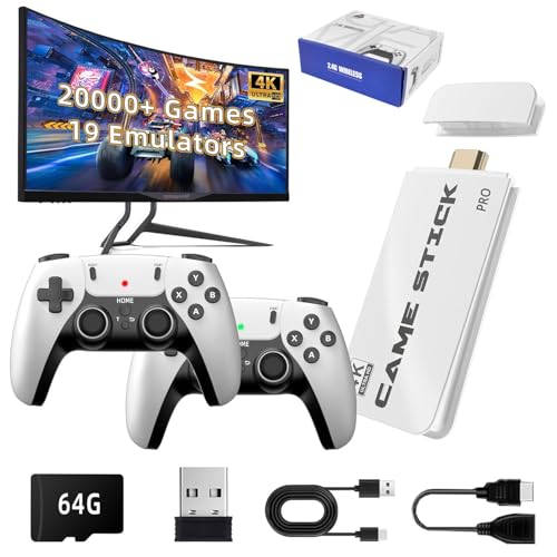 Retro Video Game Console Stick Built in 20000+ Games with 15 Emulators,Plug Play Video Game Stick,4K HD HDMI Output for TV with 2 2.4G Wireless Controllers(64GB Memory Card)
