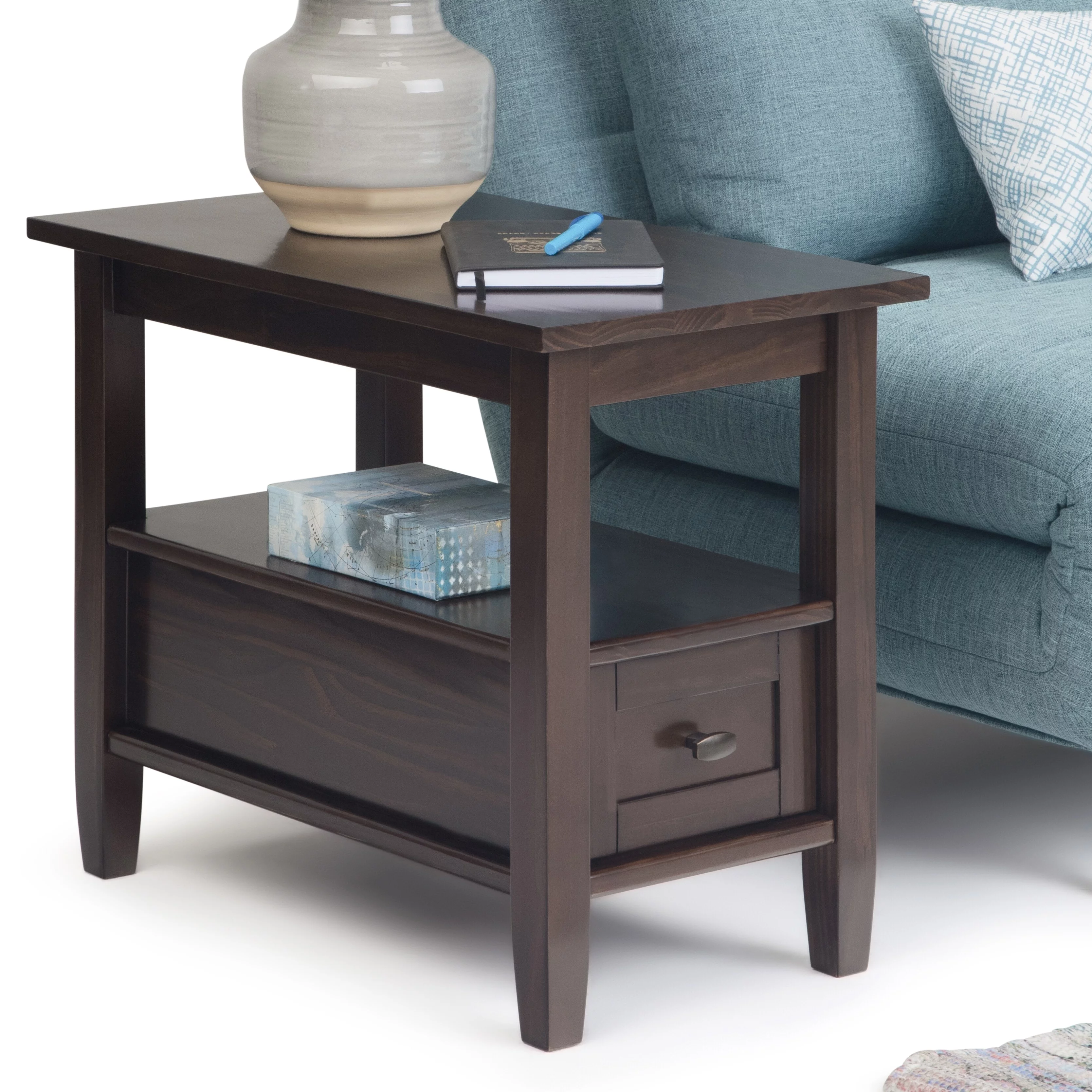 WyndenHall  Norfolk SOLID WOOD 14 inch Wide Rectangle Transitional Narrow Side Table - 14 Inches wide Tobacco Brown Lacquer, Stained
