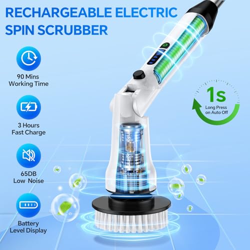 Electric Spin Scrubber with Long Handle, IPX7 Waterproof Cordless Electric Cleaning Brush, Shower Scrubber Bathroom Cleaner Brush with 7 Replaceable Brush Heads, 2 Speeds Scrubber for Floor Tile Tub