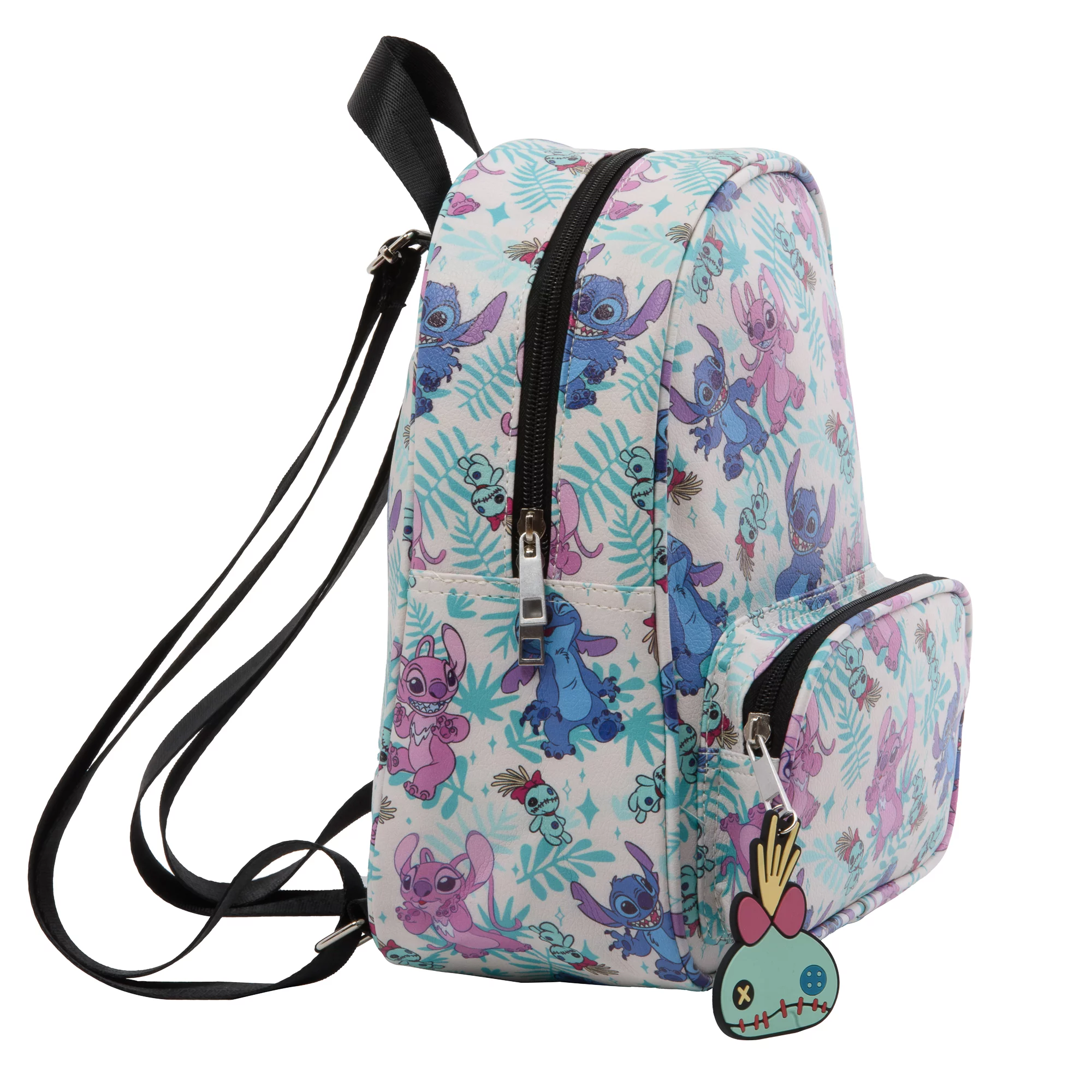 Disney Stitch & Angel Mini Backpack with Allover Print & Molded Scrump Dangle, 10.5 Inches, Adjustable Straps, Faux Leather