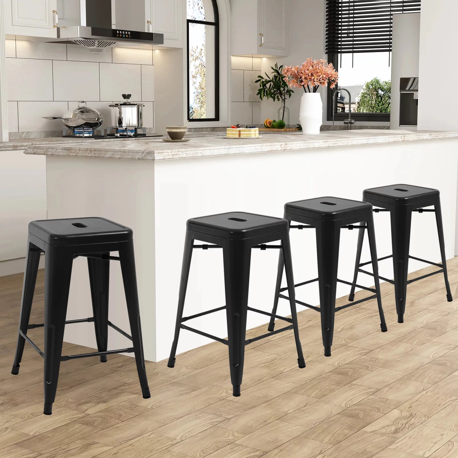 NiamVelo 24 inch Metal Bar Stools Set of 4, Stackable Backless Counter Height Industrial Bar Chair, Black