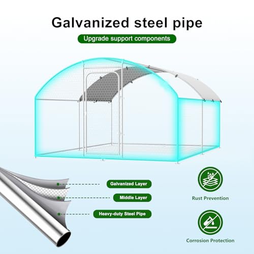 Large Metal Chicken Coop with Roosting Perch Walk-in Poultry Cage Chicken Run House Chicken Pen Spire Shaped Coop with Waterproof Cover for Outdoor Backyard Farm Use(10' L x 13.2' W x 6.4' H)