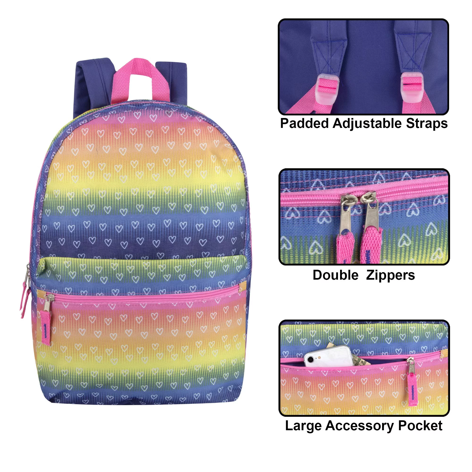 Trailmaker, 24 Pack of Wholesale 17 inch Printed Bulk Backpacks For Kids - Groovy Girls Pack