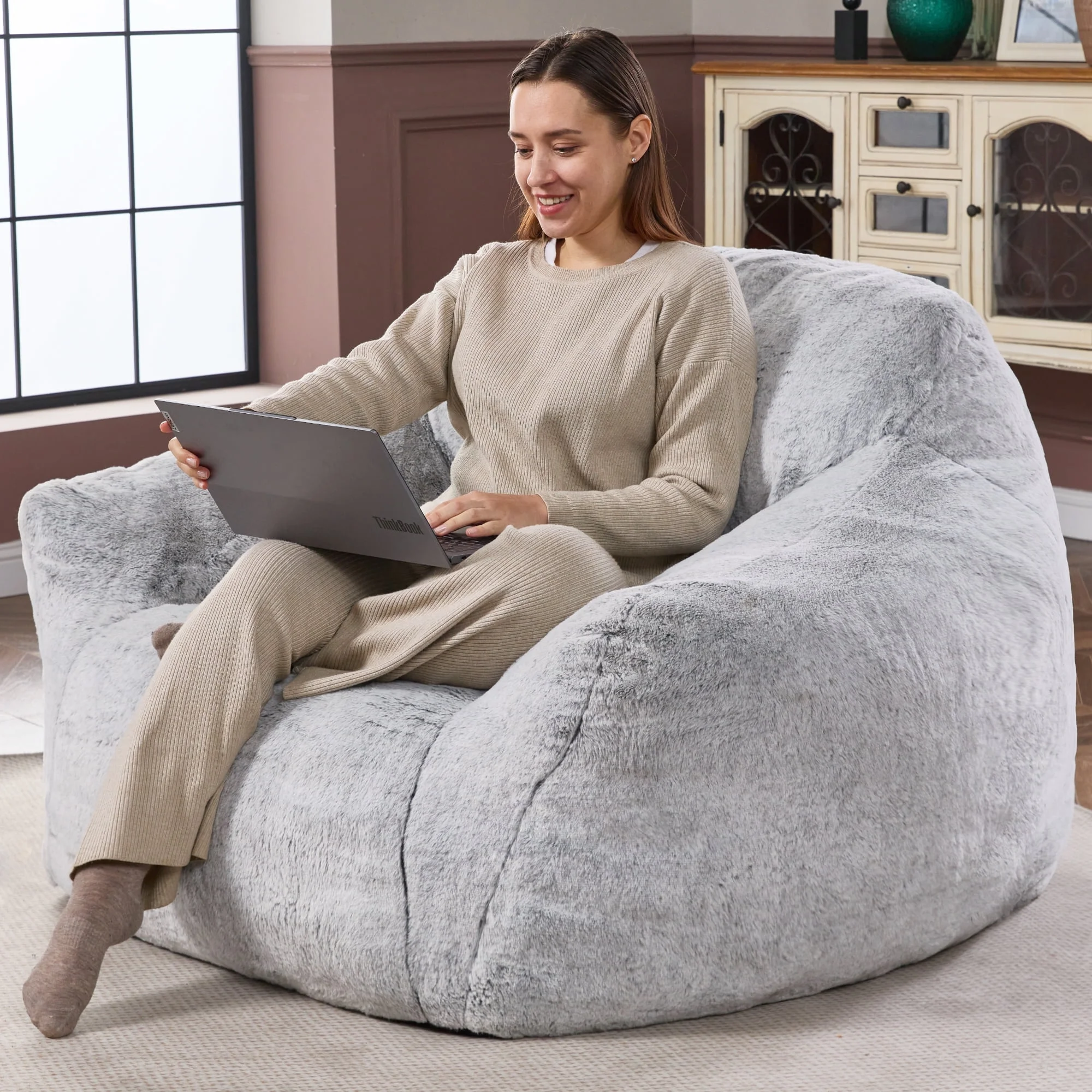 HOMGUAVA Giant Bean Bag Chair for Adults, Large Lazy Beanbag Sofa with Armrests for Bedroom & Living Room, Light Gray
