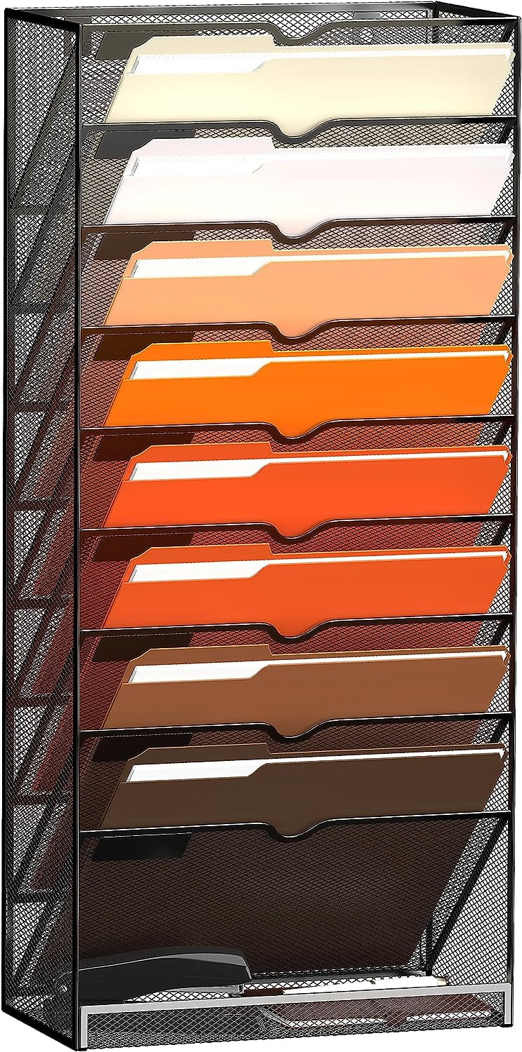 10-Tier Desktop Organizer Hanging Wall File Holder for Papers, Magazine Organization Great for Office Home, Black