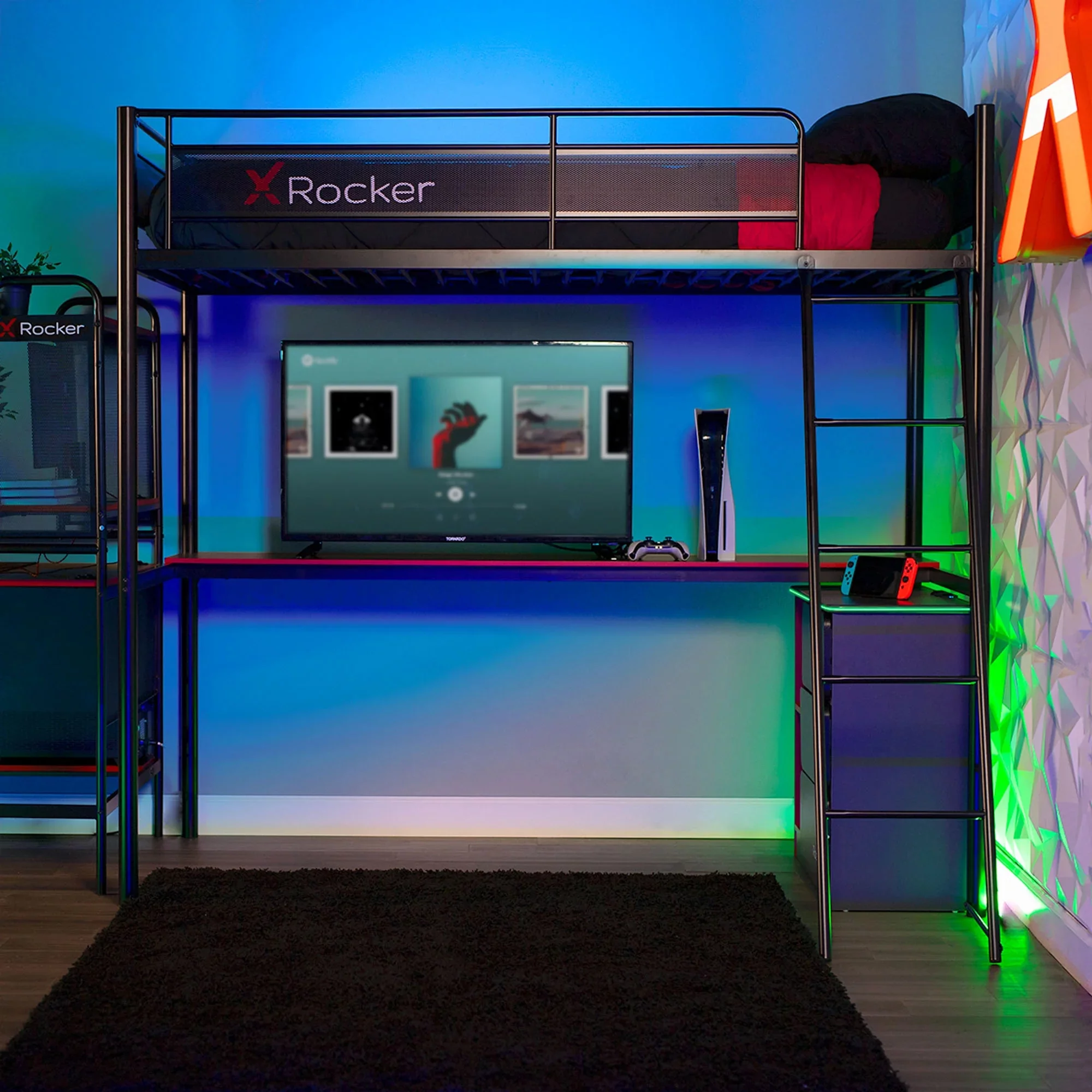 X Rocker HQ Gaming Bunk Bed with Built-In Shelving, Black, Twin