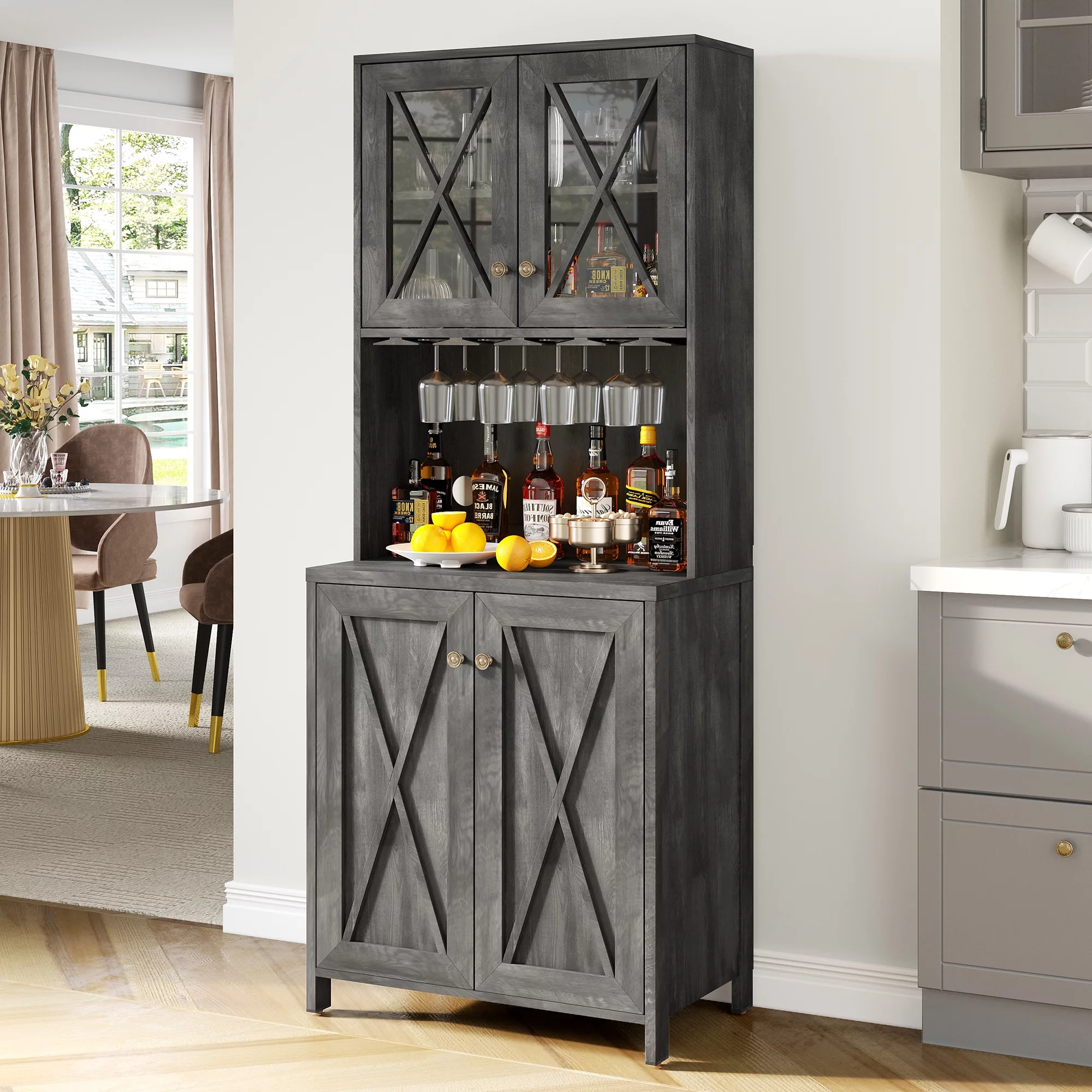 Dextrus Farmhouse Bar Cabinet for Liquor and Glasses, Freestanding Kitchen Pantry Cabinet Storage with 4 Door, Sideboard Buffet Cabinet for Living Room, Hallway, Charcoal Grey