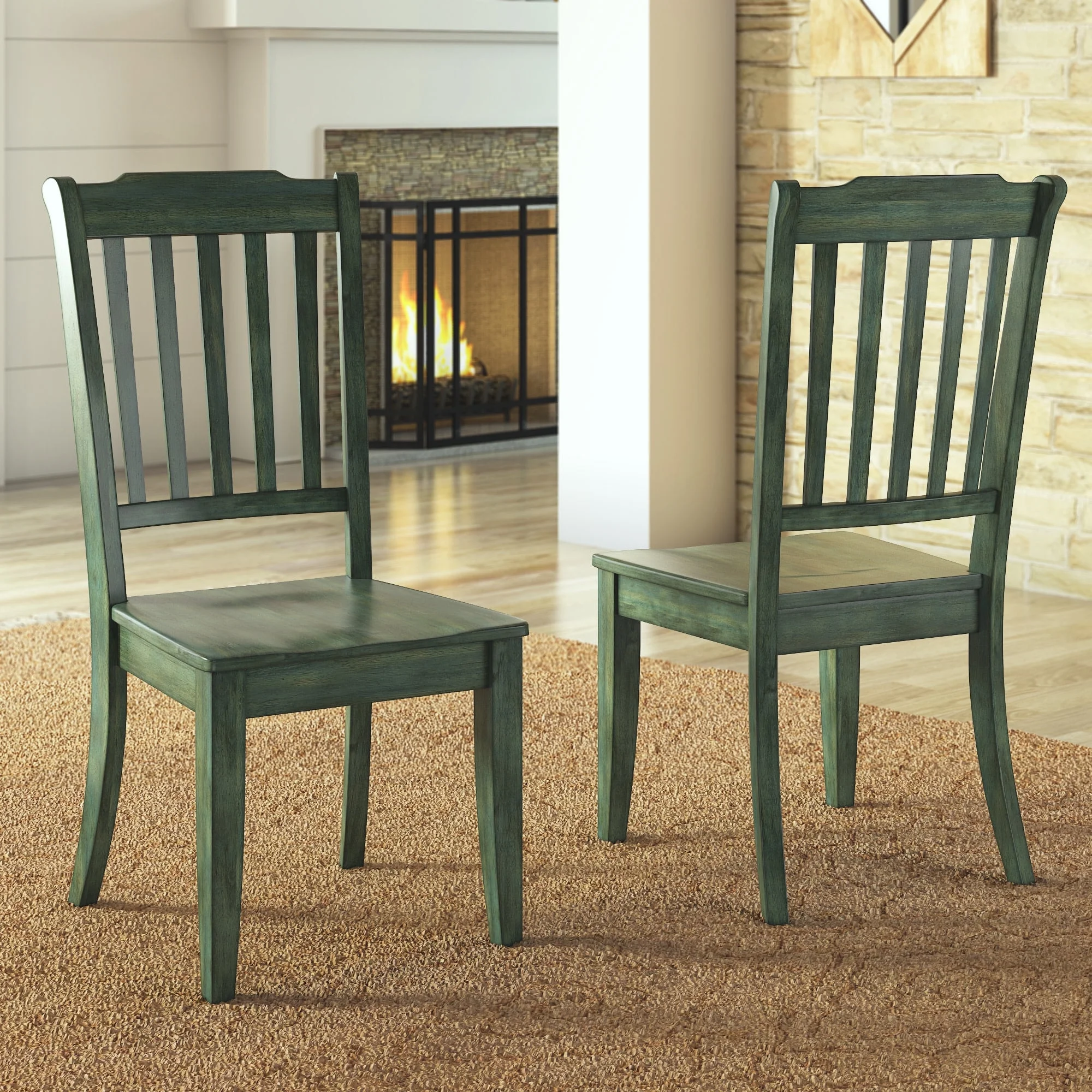 Weston Home Farmhouse Slat Back Wood Dining Chairs, Set of 2, Antique Sage Green