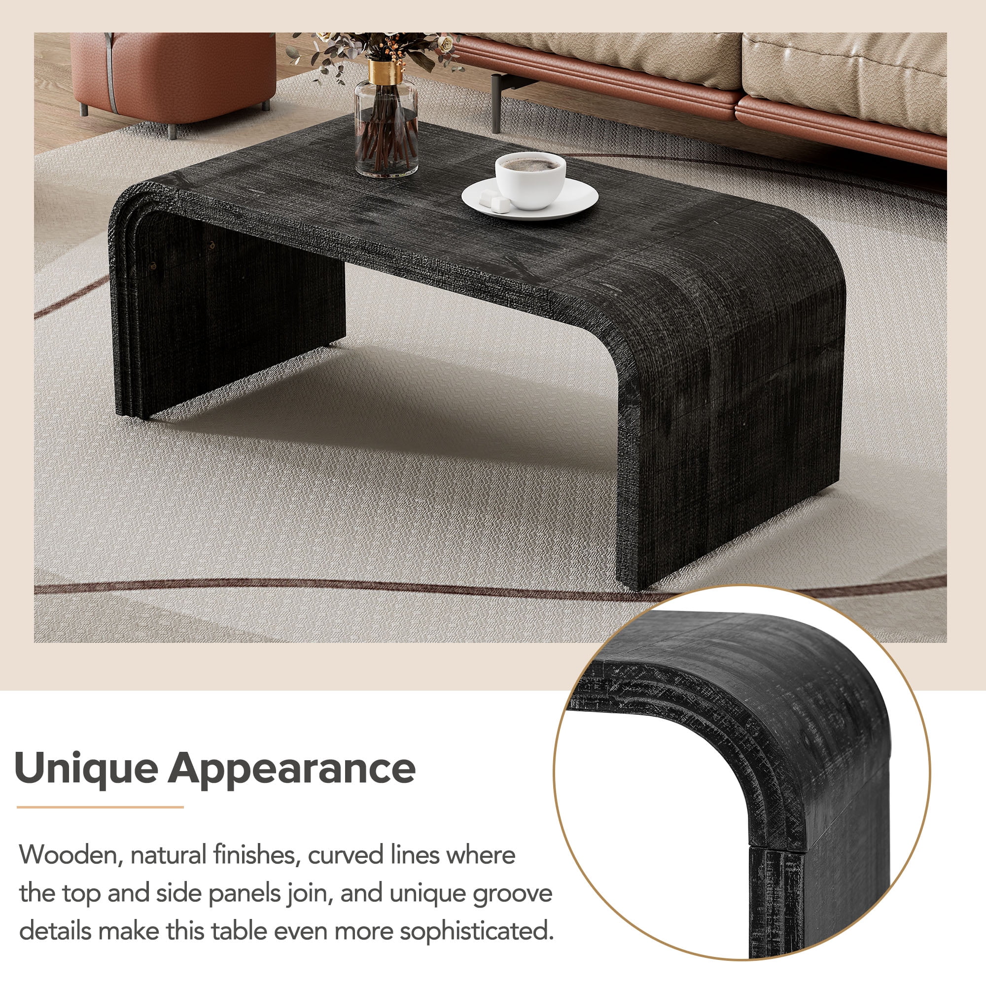 Churanty Minimalist Coffee Table with Curved Art Deco Design for Living Room or Dining Room,Antique Black