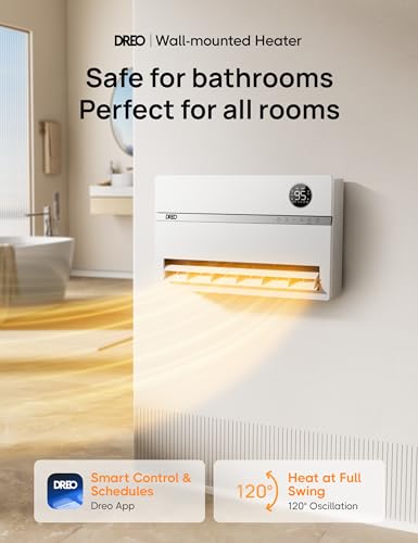 Dreo Smart Wall Heater, Electric Space Heater for Bedroom 1500W, 120° Vertical Oscillation, Adjustable Thermostat, Remote Control, 24H Timer, Easy-Mount Heater for Indoor Use, Works with Alexa, WH719S