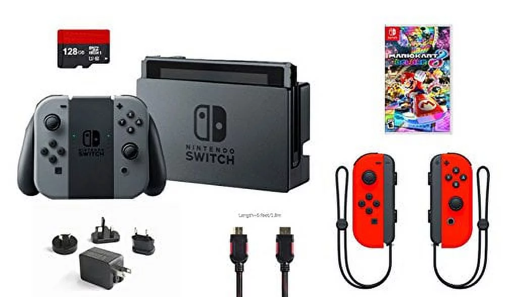Nintendo Switch 6 items Bundle:Nintendo Switch 32GB Console Gray Joy-con,128GB Micro SD Card Nintendo Joy-Con (L/R) Wireless Controllers Neon Red,Mario Kart 8 Deluxe Mytrix HDMI Cable and Wall Charger
