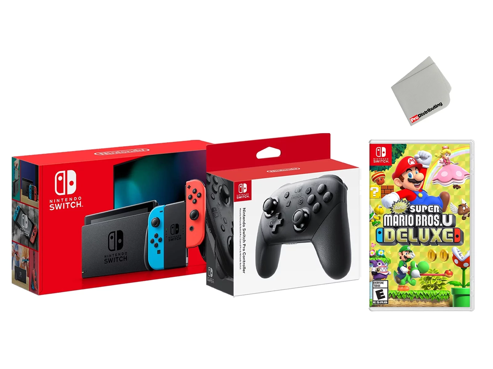 Nintendo Switch 32GB Console Neon Joy-Con Bundle with Wireless Pro Controller and Super Mario Bros. U Deluxe Game - Import with US Plug