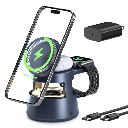 3 in 1 Charging Station,Magnetic Wireless Charger with Night Light & Speaker for Apple MagSafe Charger Stand,Foldable Nightstand Charging Station for iPhone,Airpods,Watch (20W Adapter)