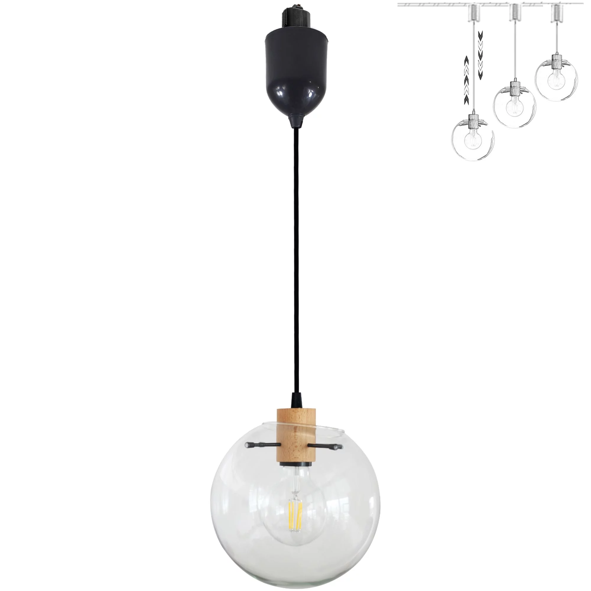 FSLiving Adjustable Height H-Type Track Lighting Pendants with Retro Clear Glass Globe Shape Hand-Made Shade Scandinavian Style 4ft Cord Burly Wood E26 Socket Restaurant for Rental - 1 Light