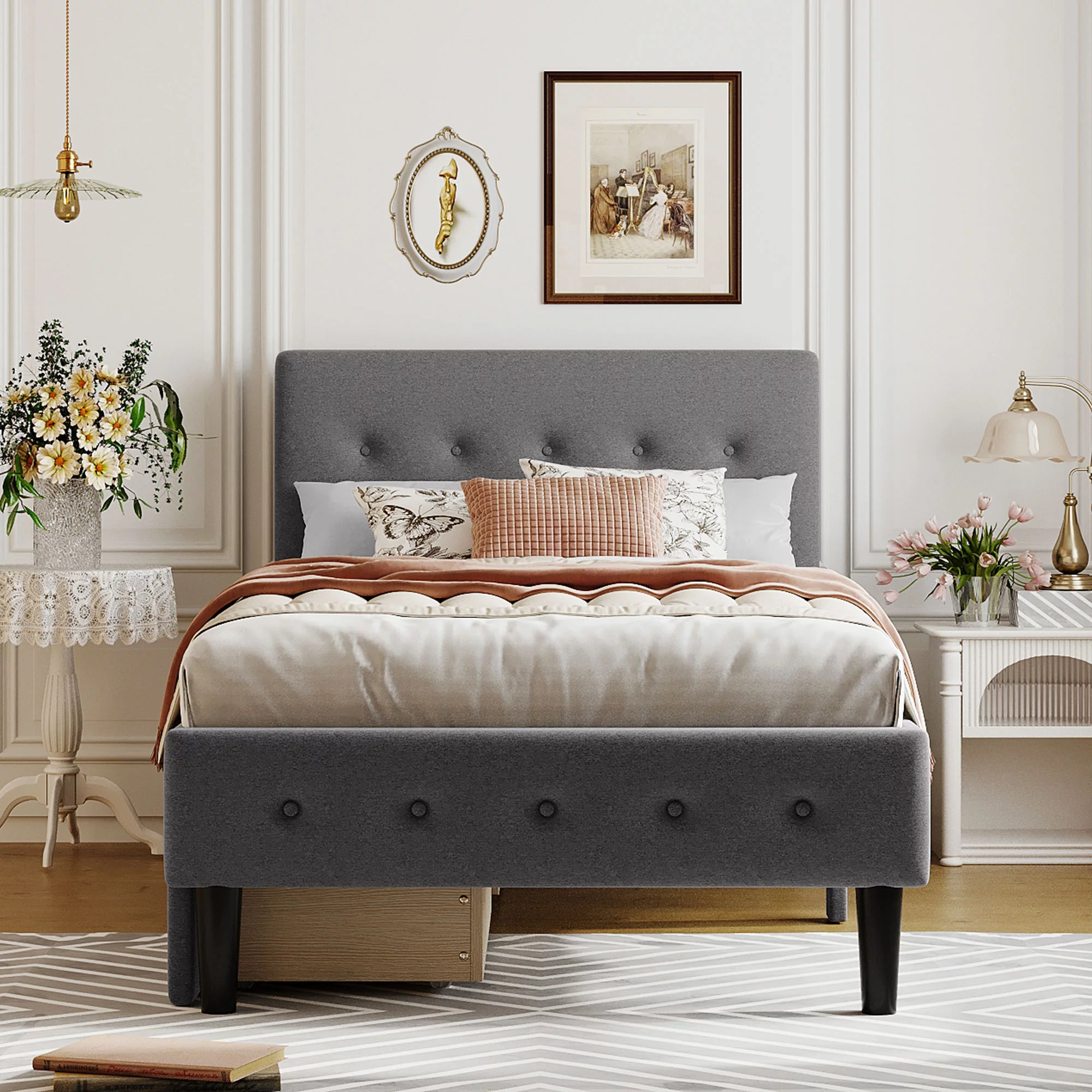 Bellemave Twin Bed Frame with 2 Storage Drawers, Upholstered Platform Bed with Tufted Headboard, Storage Twin Size Bed for Kids Adults Bedroom (Grey)