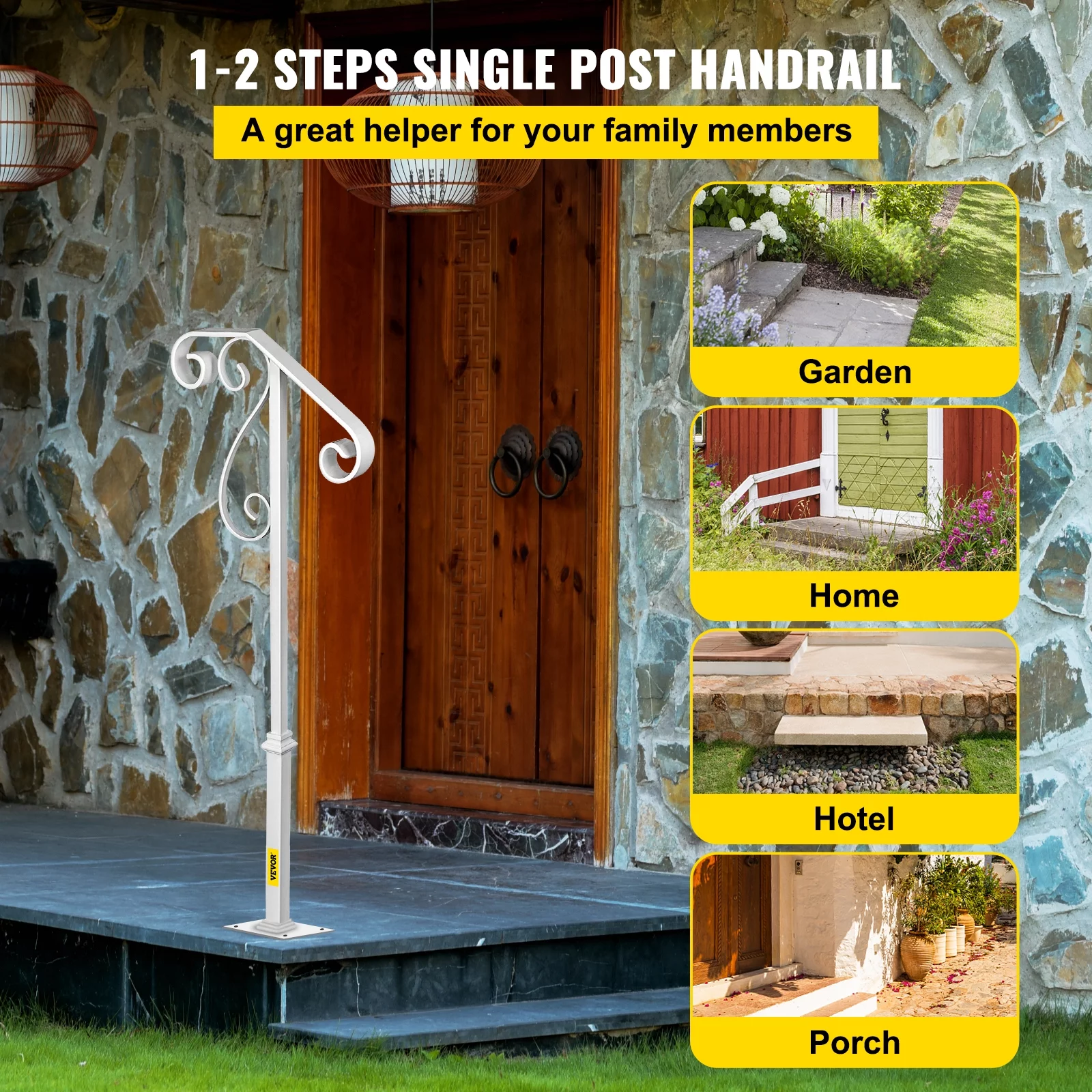 VEVOR Single Post Handrail Fits 1 or 2 Steps Wrought Iron Post Mount Step Grab Supports Single Post Railing with Base Plate, White