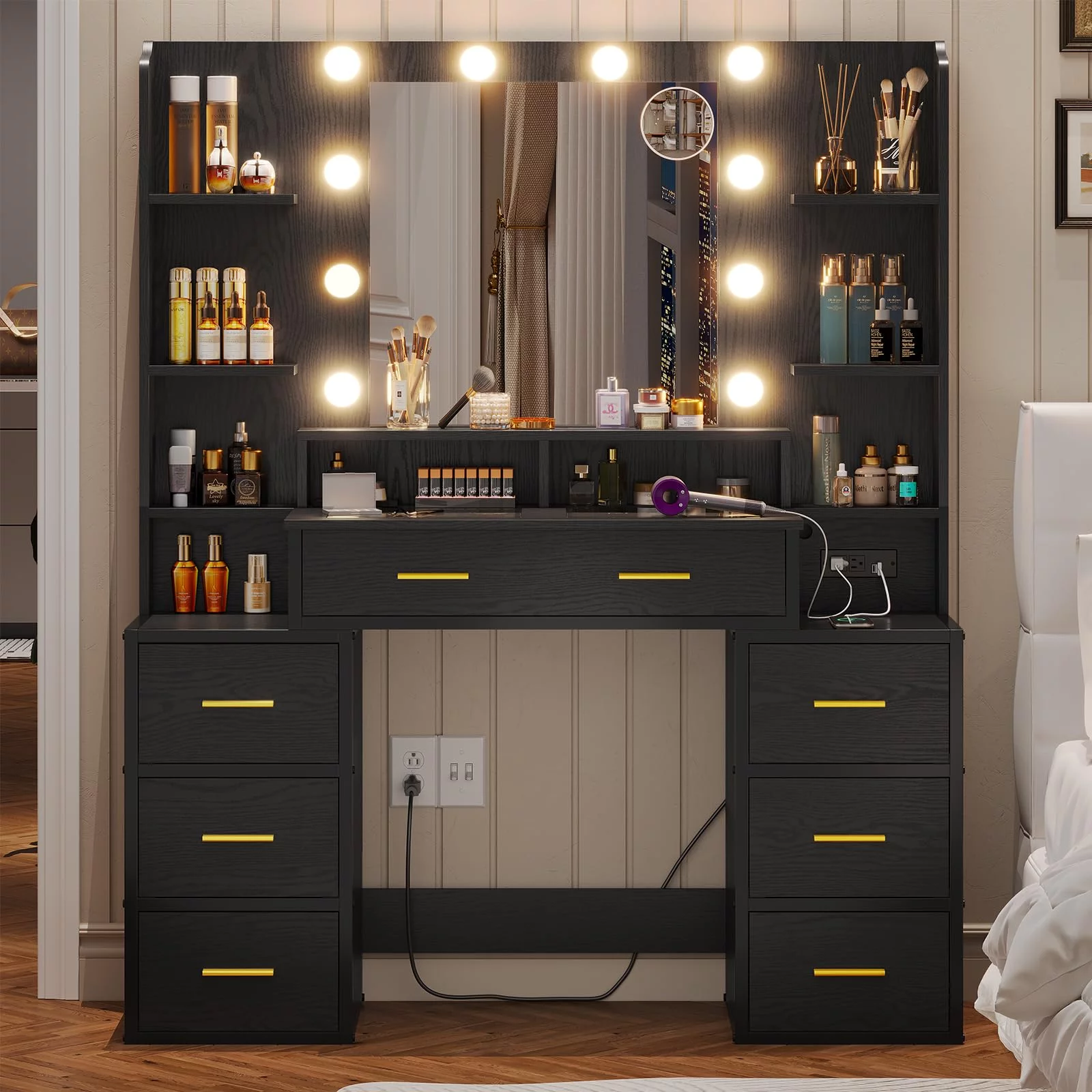 Vanity Desk with Mirror and Lights & Glass Top,Makeup Vanity with Lights & Charging Station,10x Magnifying Mirror,Large Vanity Table with 8 Drawers & Shelves,Black