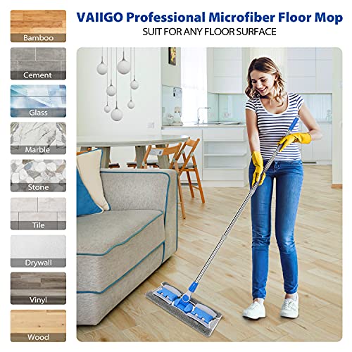 Professional Microfiber Hardwood Floor Mop, Flat Mops with 5 Pieces Reusable Washable Pads for Home and Office Wet or Dry Floor Cleaning (Sky Blue)
