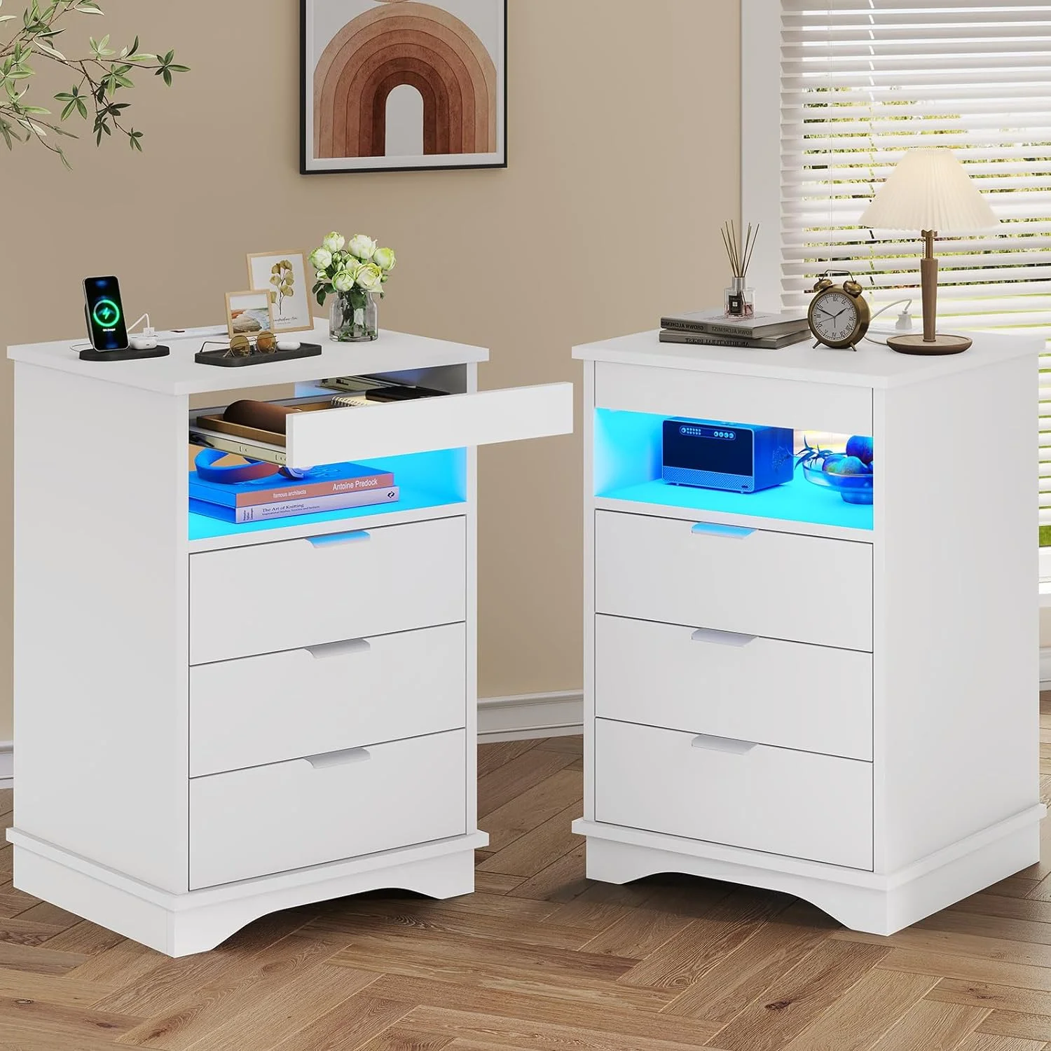 AOGLLATI Set of 2 LED Nightstand with Charging Station & 3 Drawers & LED Lights, Modern NightStands Bedside Table with Pull-Out Tray for Bedroom,White