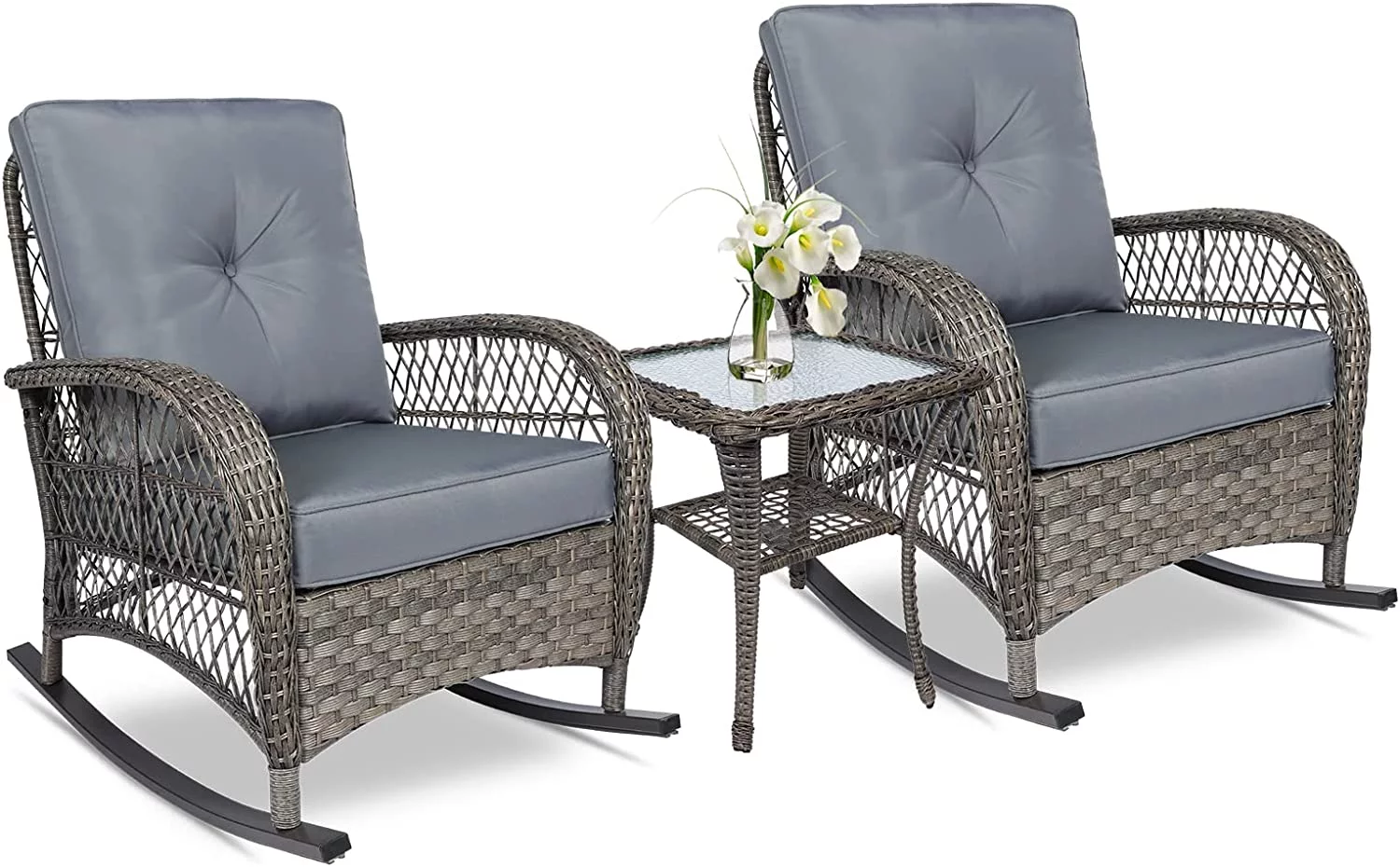 VIVIJASON 3-Piece Outdoor Conversation Bistro Set, Patio Wicker Rocking Chairs Rattan Furniture Sets w/ 2 Rattan Chairs, Cushions, Glass Top Side Table for Garden Porch Backyard (Grey)