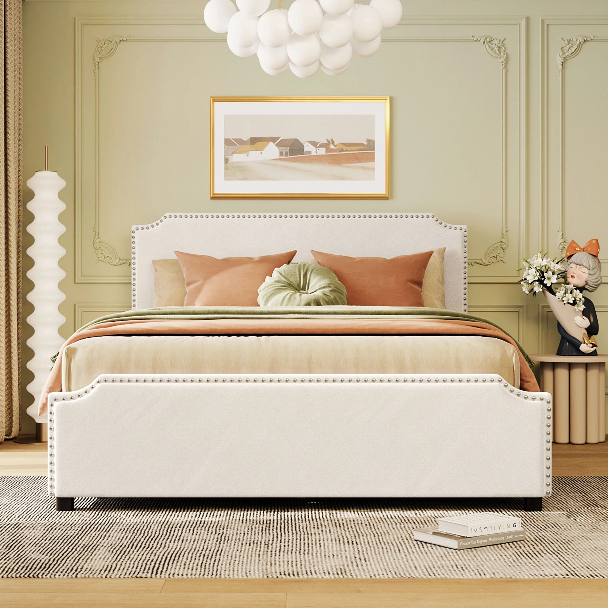 Upholstered Queen Size Bed with 4 Storage Drawers,Upholstered Platform Bed Frame with Stud Trim Headboard and Footboard,Velvet Queen Storage Bed for Kids Teens Adults,Beige