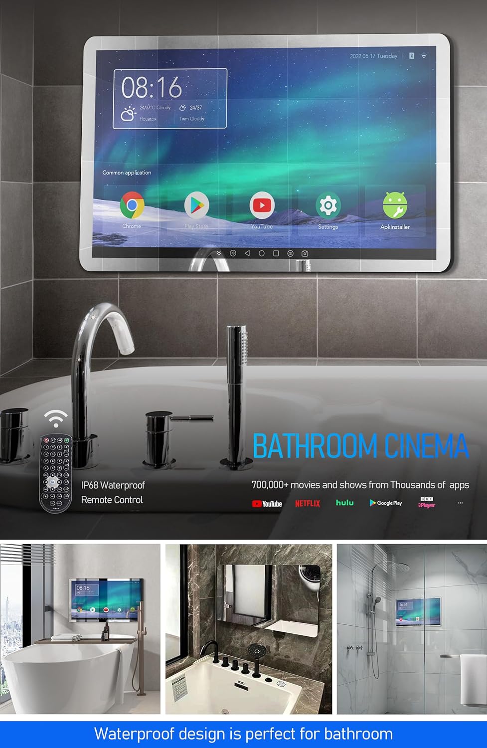 21.5 inch Smart Touchscreen Mirror IP66 Waterproof TV for Bathroom Shower - Support 360° Rotation, Full HD 1080P Built-in Android 11.0 OS WiFi/LAN/USB/BT/HDMI(Black)