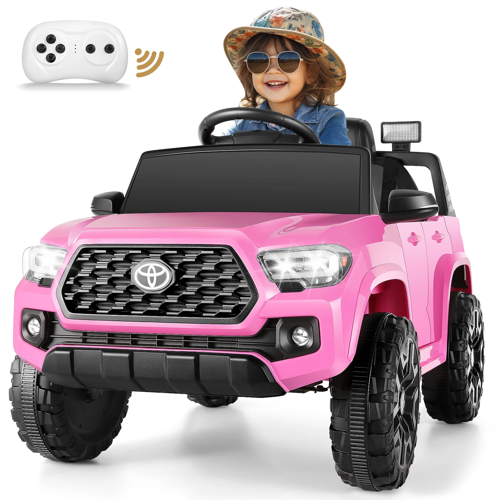 Funcid 12V 7AH Kids Ride on Car Toys Licensed Toyota Tacoma Battery Powered Electric Car Truck with Remote Control, 3 Speeds, Headlight, Music Player, FM, Gift for Boys Girls Age 3-8 Year, Pink