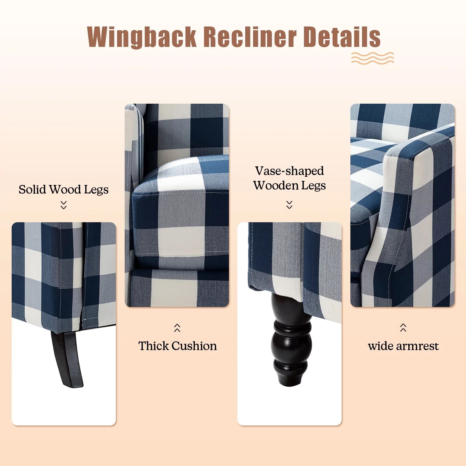 Recliners Push Back Accent Chairs Set of 2 Armchairs Sofa Wingback Manual Fabric Upholstered  Home Theater Couches Plaid Navy