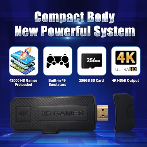 GWALSNTH 42000 Games in 1 Retro Game Stick,Wireless Mini Retro Game Console with 256GB SD Card,Built in 49 Emulators,Two 2.4GHz Bluetooth Wireless Controllers,1280*720 4K Full HD Output