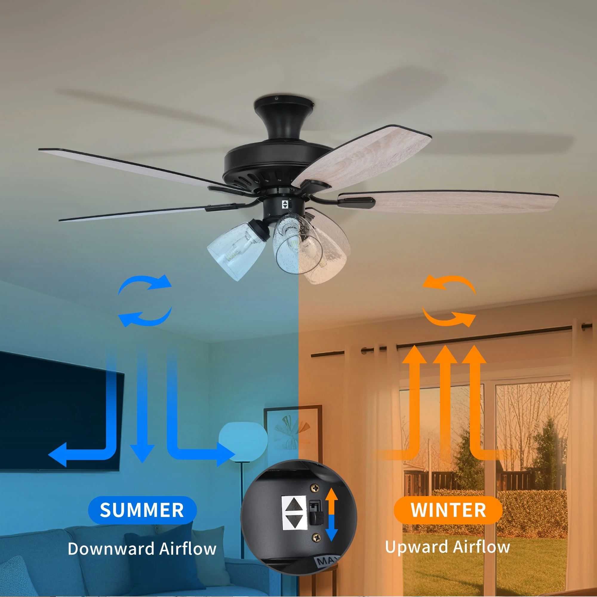 DWVO 52in Ceiling Fan with Light and Remote, 5 Blades,3 Speed Low Profile Farmhouse Flush Mount Ceiling Fan with Clear Seeded Glass Light Kit - Oak & Black