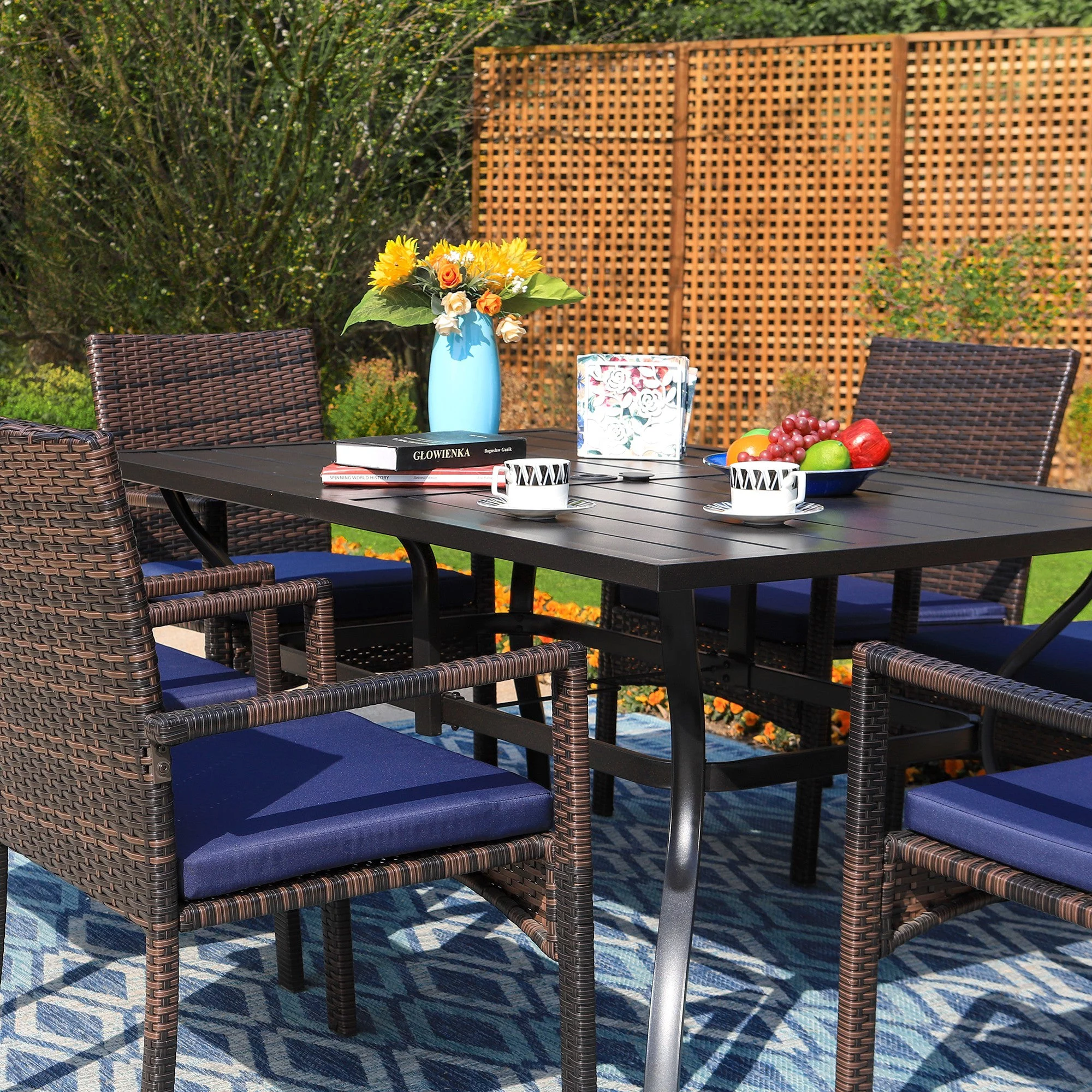 Sophia & William 8-Piece Outdoor Patio Set with 13 ft Navy Umbrella, Rattan Chairs & Rectangle Table for 6