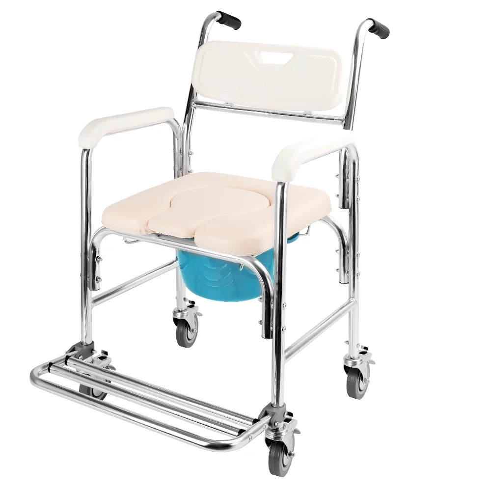 Shower Commode Chair with Wheels 4 in 1 Mobility Multi-Functional Rolling Shower Chair with Soft Padded Waterproof Mobile Over Toilet Chair with 4 Braking Casters Safe for Seniors, Injure