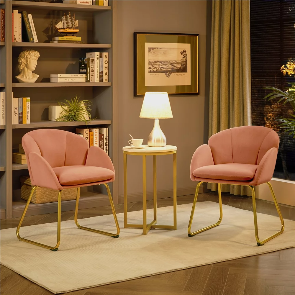 SMILE MART 2PCS Velvet Dining Chair with Golden Metal Legs for Living Room/Bedroom/Kitchen, Pink